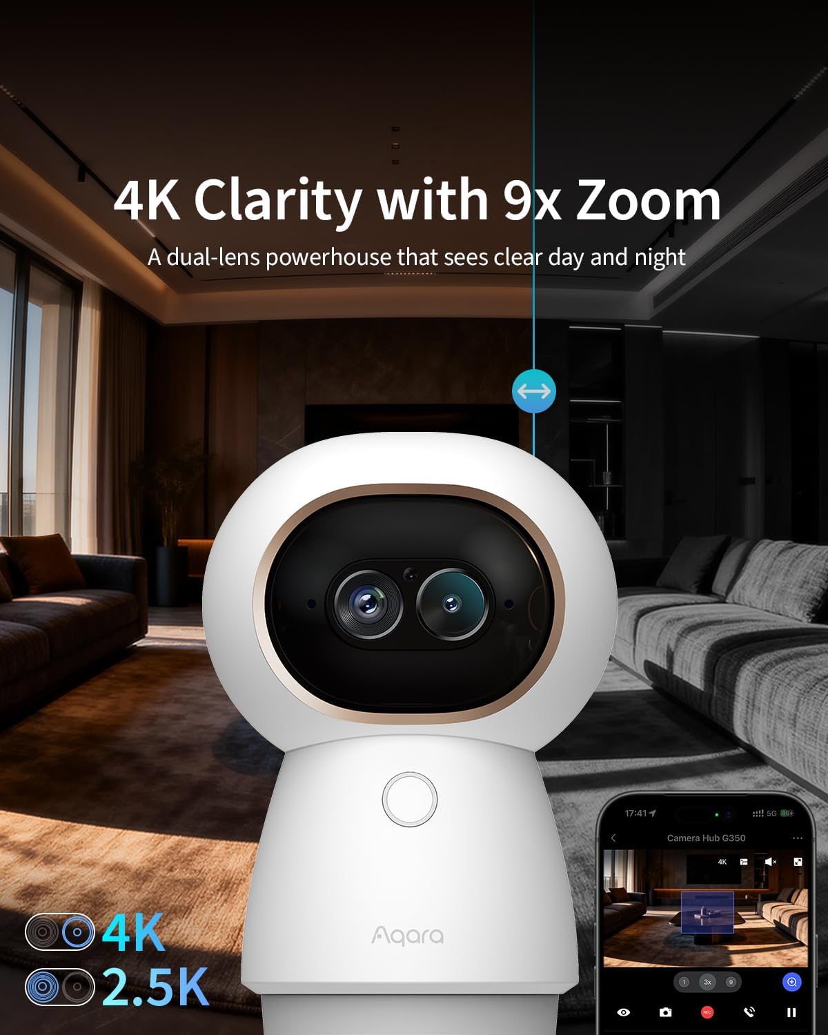 Aqara Indoor Security Camera G350, 4K UHD Dual-Lens Matter Camera Hub | 9X Zoom, 360° Pan & Tilt, AI Auto-Tracking, Face/Gesture Recognition, Works with Apple HomeKit, Alexa,Google Home,SmartThings