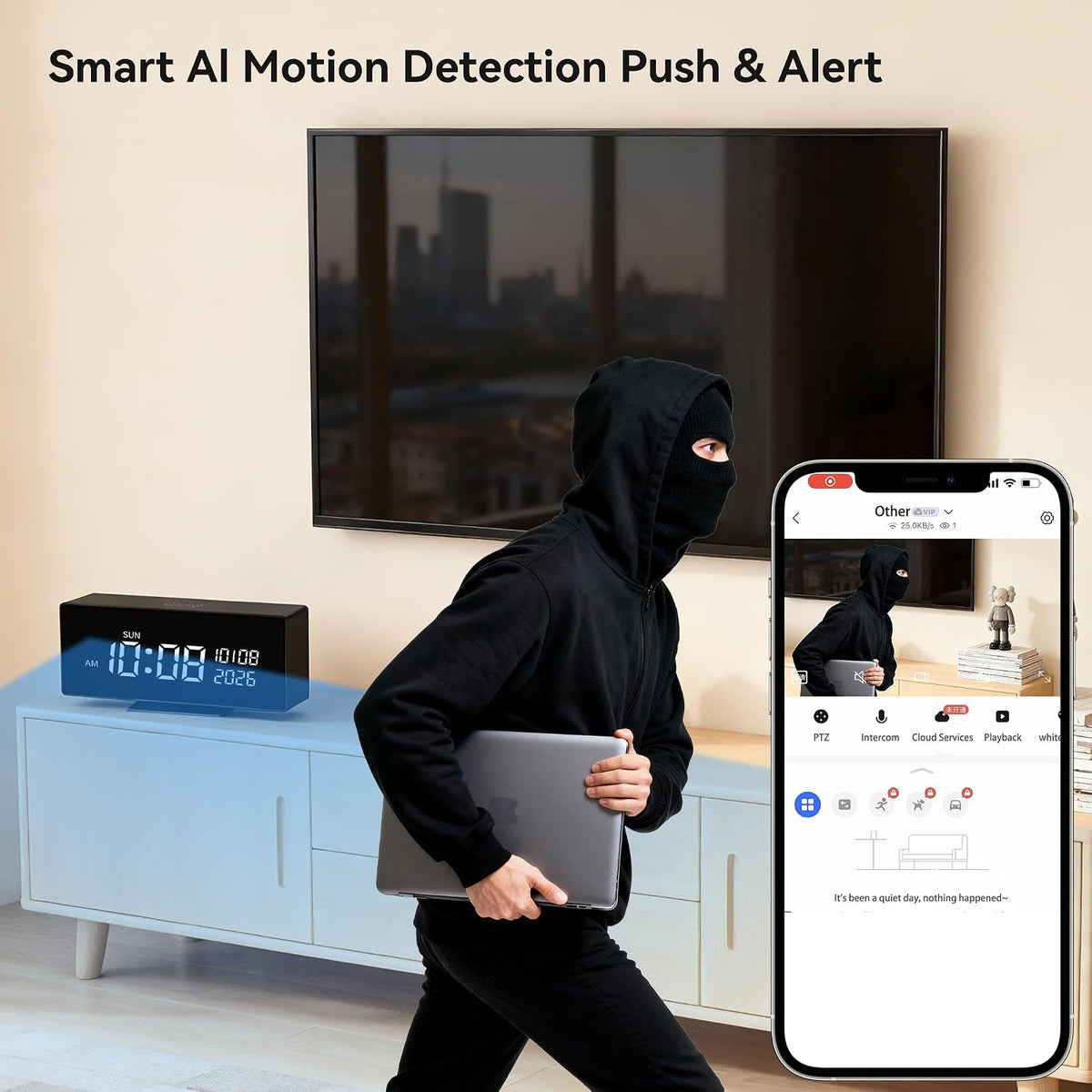 Clock Camera–Indoor Security Camera, Nanny Camera with 2K HD Video,AI Motion Alerts,Digital Clock, Night Vision, 5G&2.4G, Bluetooth Setup,Local & Cloud Storage