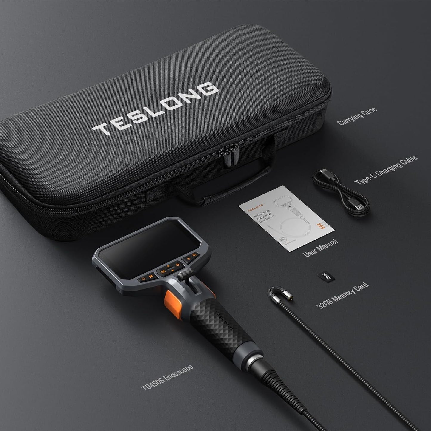 Teslong 10FT Articulating Borescope for Mechanic Automotive HVAC Wall Drain | 0.25inch Endoscope, 2.0MP HD Camera, 6 LED Lights, 210° Articulation, 4.5" IPS Screen, 32GB, IP67 Waterproof, Carrying Case