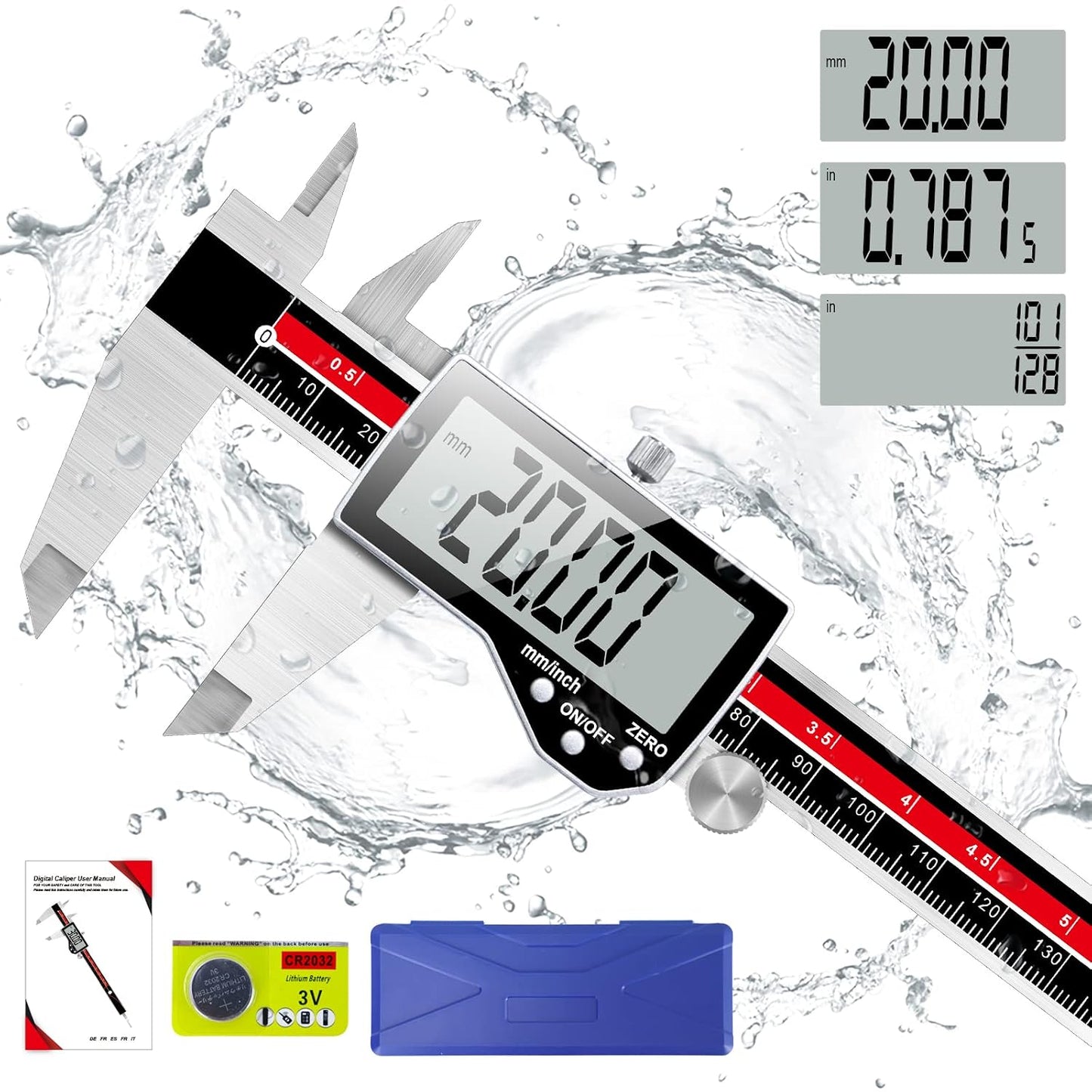 Caliper Measuring Tool, Qfun Vernier Digital Caliper Stainless Steel 6 Inch/150mm, Digital Micrometer Waterproof, Easy Switch from Inch to Millimeter, Large LCD Screen