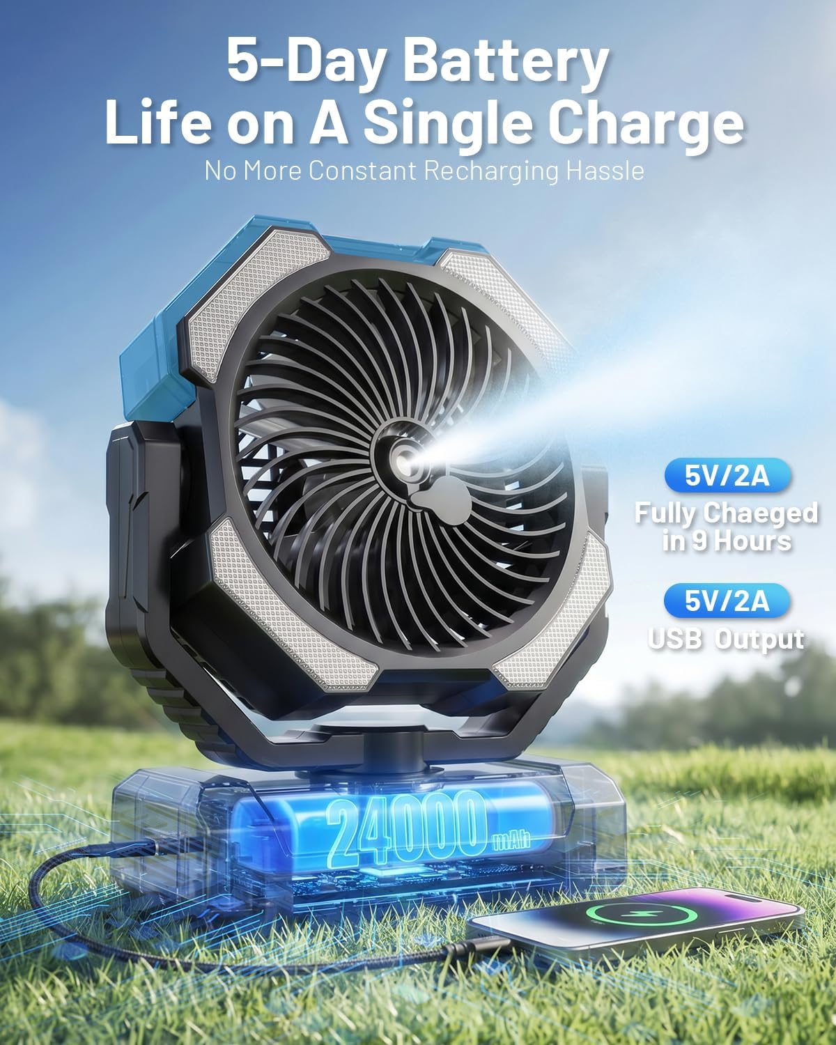 Misting Fan, Portable Camping Fans with 9oz Water Tank, 24000mAh Rechargeable Fan with 4 Speed, Battery Powered Fans with 120H Cooling, Last 5H Mist, 2 Mist Modes, Light, Outsides/Summer Essential