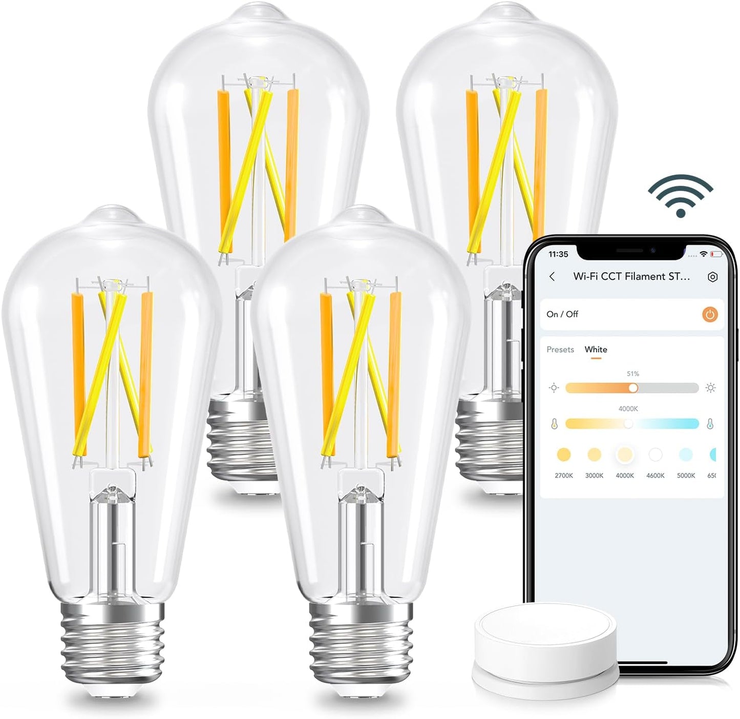 Linkind Smart Edison Light Bulb, ST19 (58) Vintage Bulb, 4 Pack with Remote | Work with Alexa/Google Home, 2700K-6500K Warm White to Daylight LED Filament Bulb, Smart Dimming, WiFi E26 Bulb 8W 60W 800LM