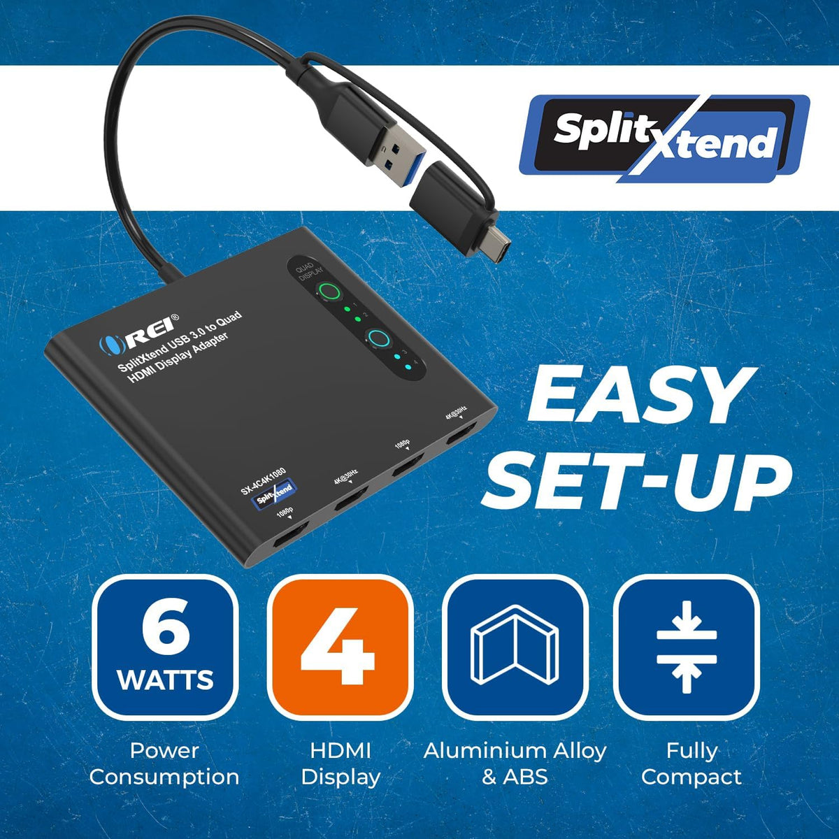 OREI SplitExtend HDMI Splitter Extended Display for Quad Monitor - 4K@30Hz
