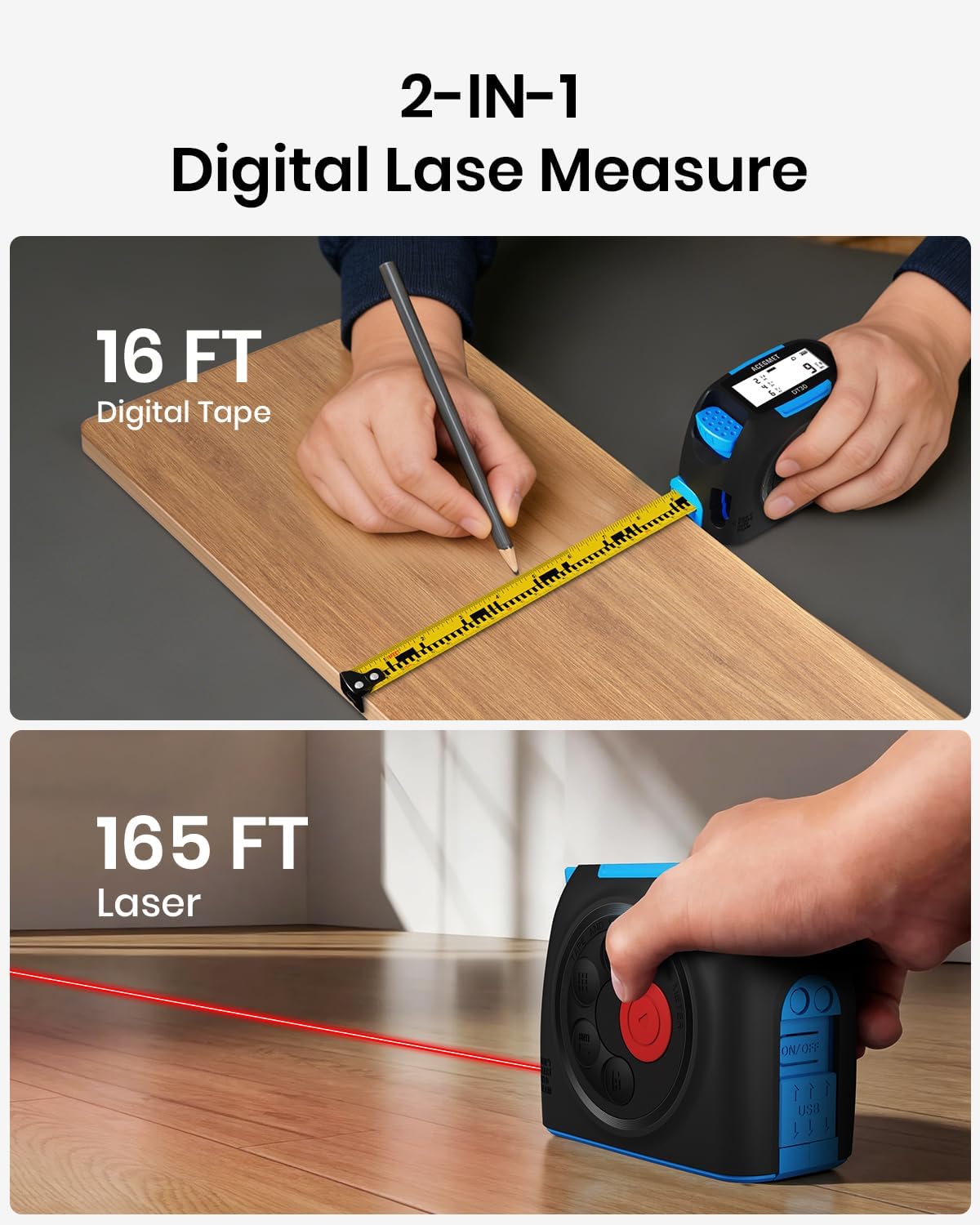 3-in-1 Digital Tape Measure, 130ft Laser Distance Meter and 16ft Auto-Lock Measuring Tape, Smart App Sync for Floor Planning, ±1/16" High Precision, 2" Backlit LCD, USB-C Rechargeable, IP54