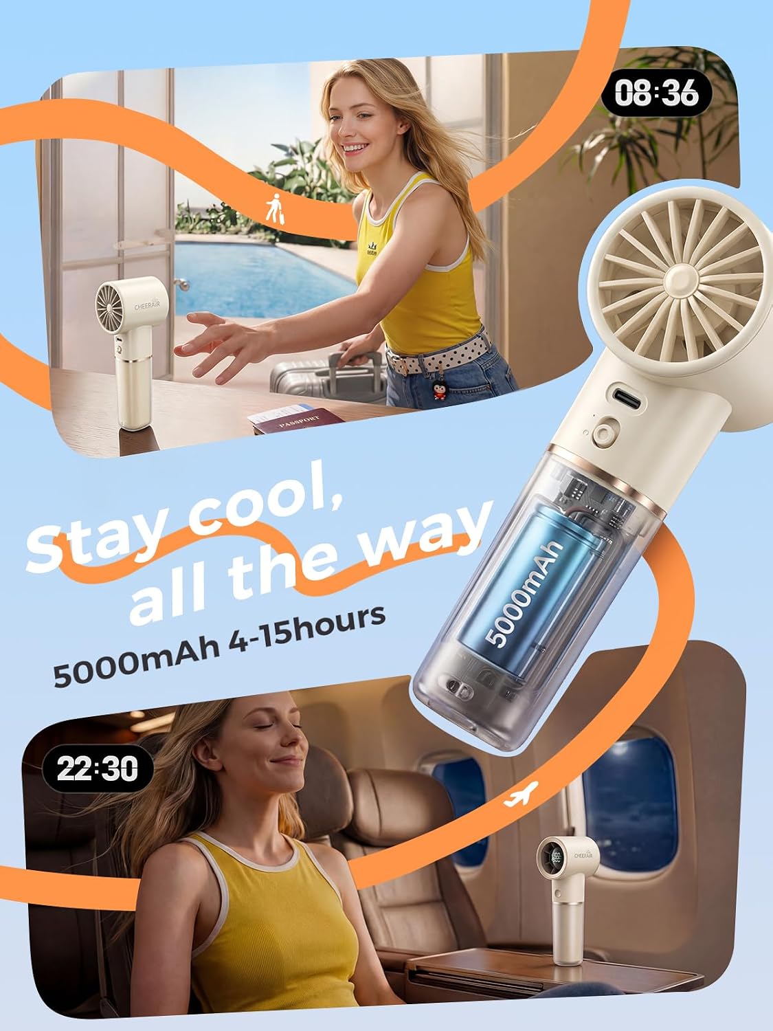 Handheld Portable Fan, 6-Speed Rechargeable Powerful Mini Fan | 5000mAh Battery Up to 15 Hours Runtime, Smart LED Display, Pocket Turbo Personal Fan for Travel, Camping, Makeup