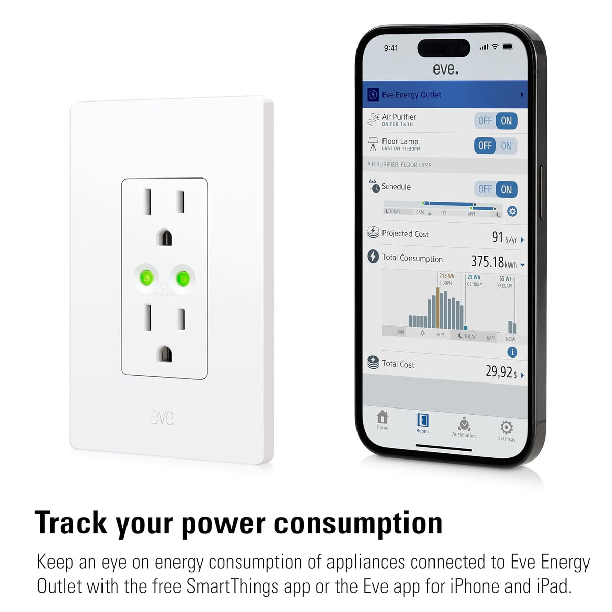 Eve Energy Outlet (Matter) 3-Pack – Smart Outlet & Power Meter | App & Voice Control, No Bridge, Thread, for Apple, Alexa, Google, SmartThings, requires Thread Router
