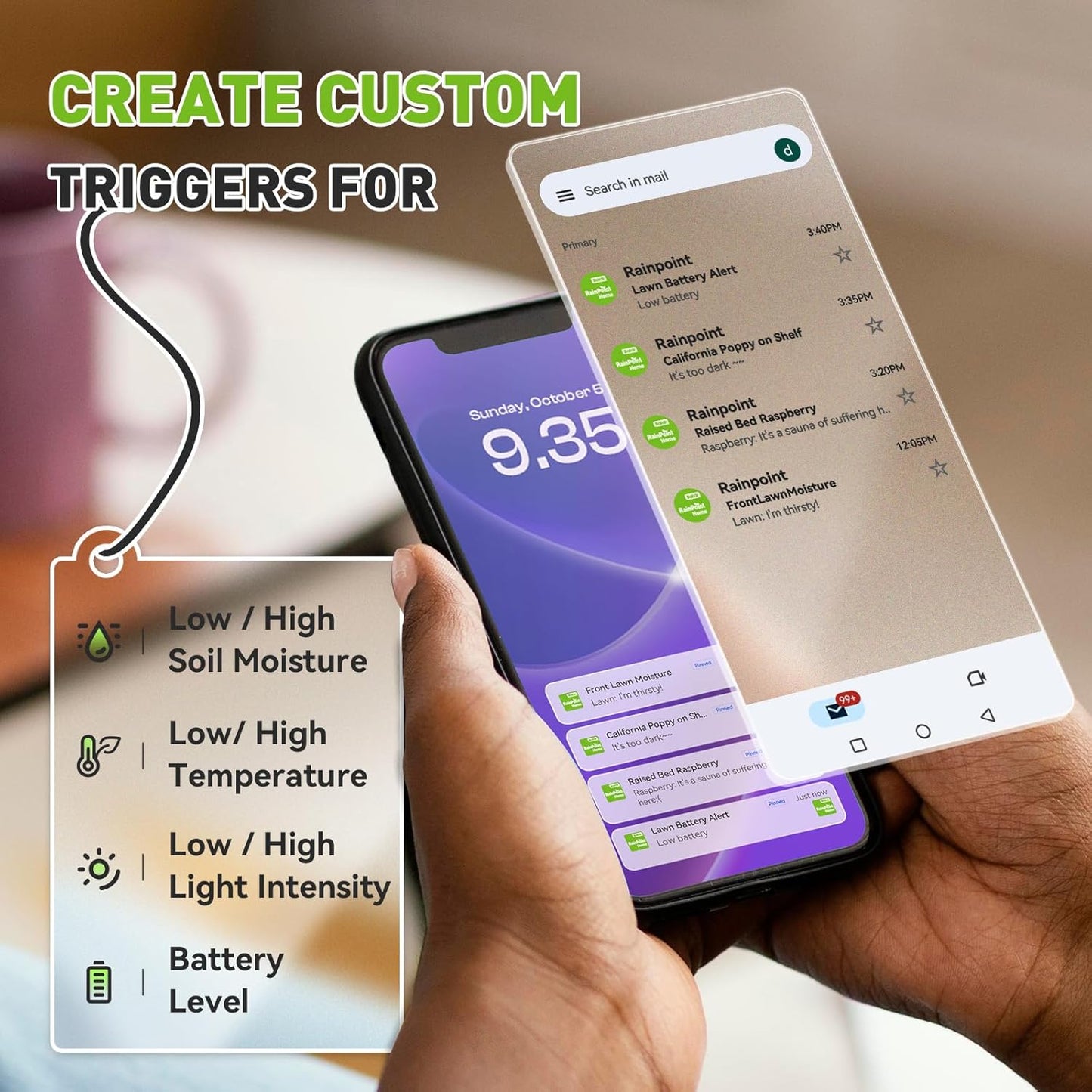 RainPoint 3-in-1 APP Remote Monitoring WiFi Soil Meter - CAN NOT USE Alone | Moisture/Air Temperature/Light Intensity Monitor and Custom Alert, IP66 Waterproof Wireless Sensor for Plant Indoor/Outdoor