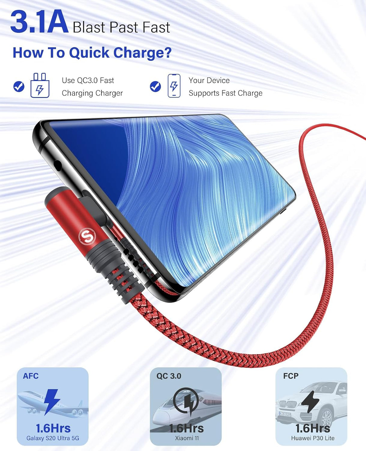 USB to USB C Cable 3.1A Fast Charge Right Angle CarPlay 6.6ft 2-Pack Red