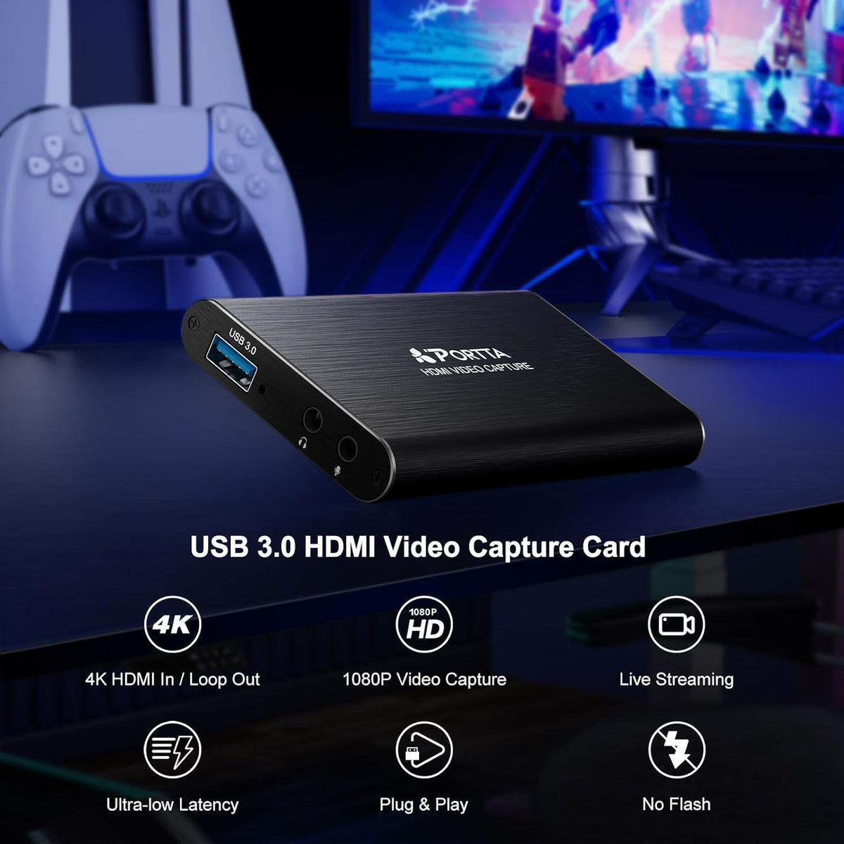 Portta HDMI Video Capture Card, Stream and Record in 1080P60 with Ultra-Low Latency, 4K HDMI in/Loop Out, USB 3.0 to PC Compatible with Nintendo Switch 2/PS4/PS5/Xbox/OBS