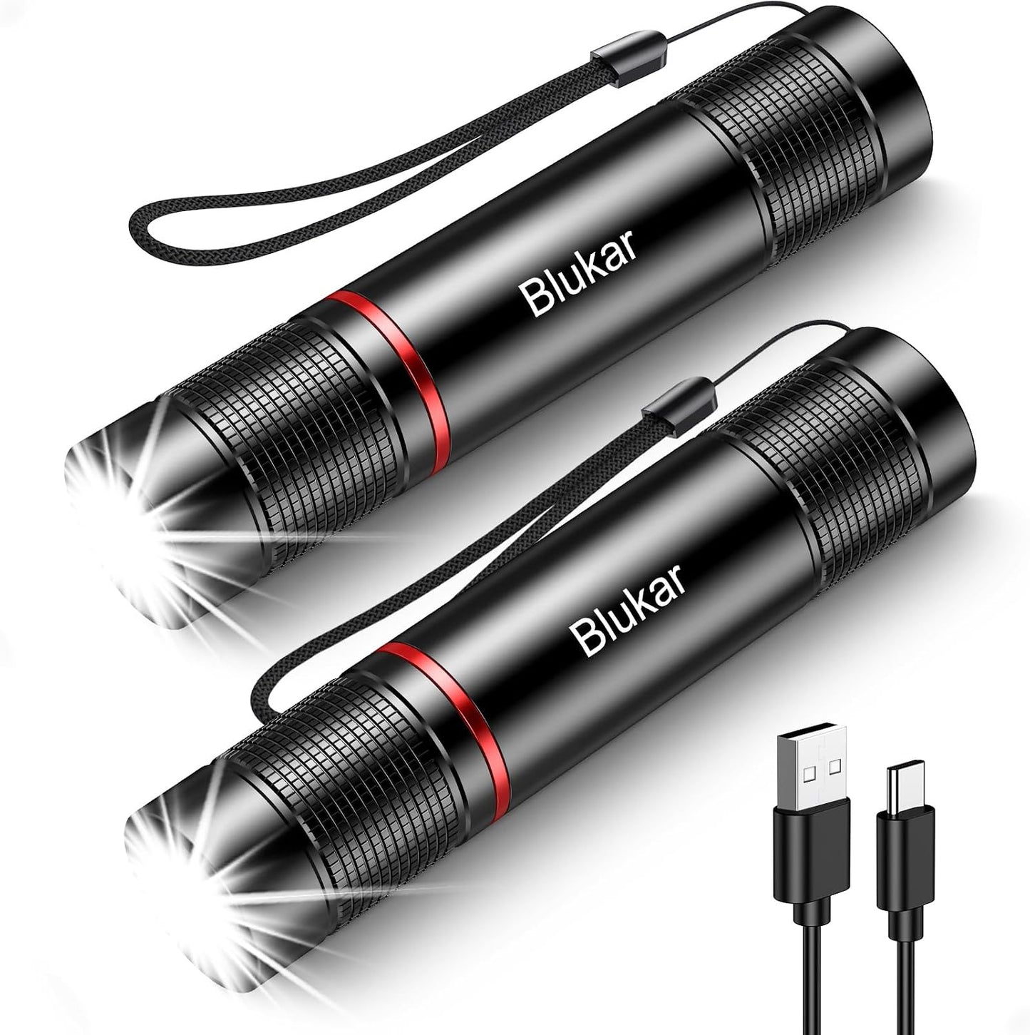 Blukar Rechargeable Flashlight 2 Pack, Super Bright Flashlights | Adjustable Focus, 4 Lighting Modes, Long Lasting, Waterproof Small Mini LED Flash Light for Power Cuts, Emergency, Camping