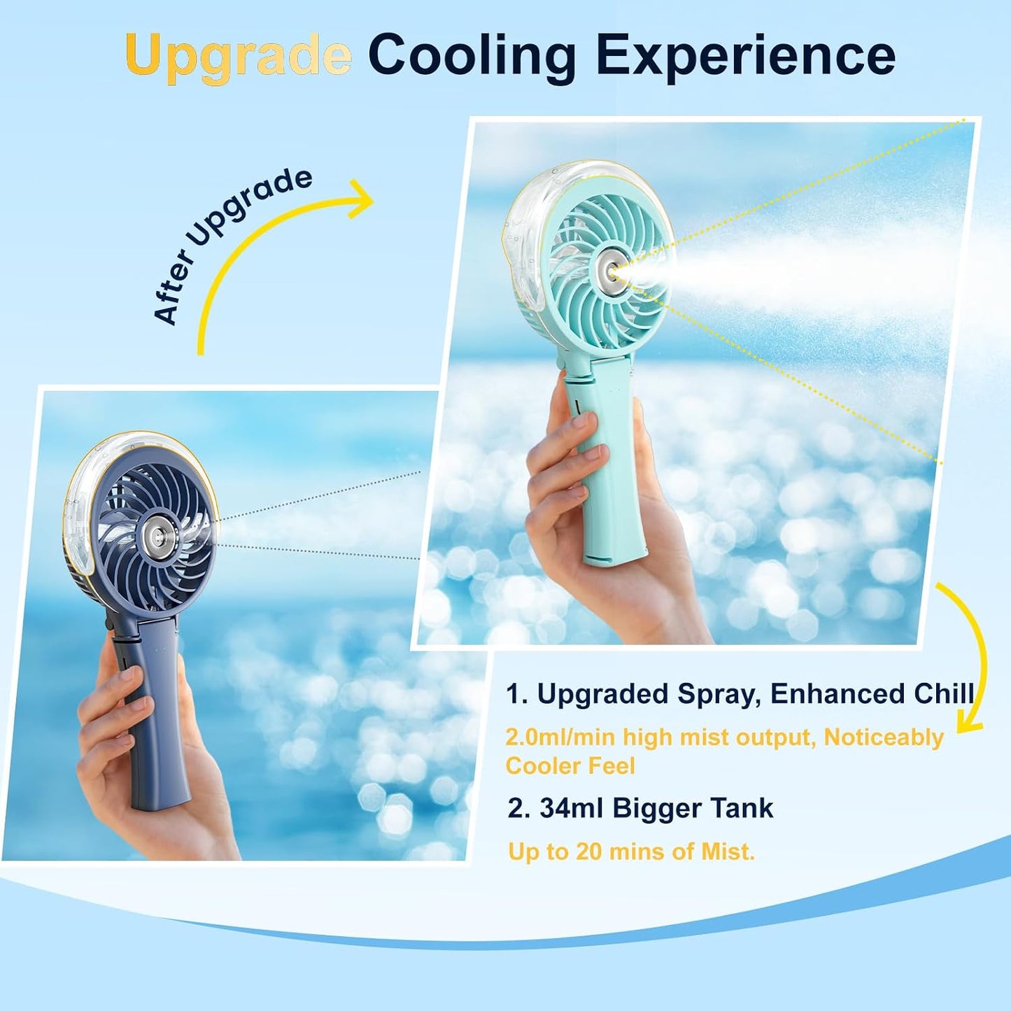 HandFan Upgraded Portable Handheld Misting Fan, Rechargeable Personal Mister Fan, Spray Water Mist Fans, Foldable Electric Mini Cooling Fans for Beach Travel Disney Makeup(Light Blue)