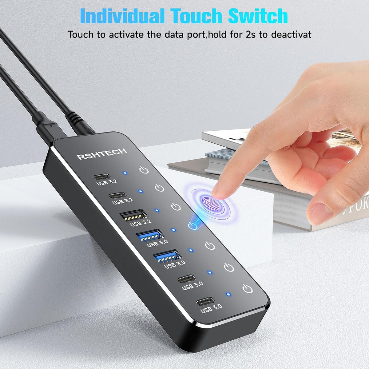 RSHTECH 7-Port Powered USB-C/USB 3.2 Data Hub Splitter, RSH-ST07C-4
