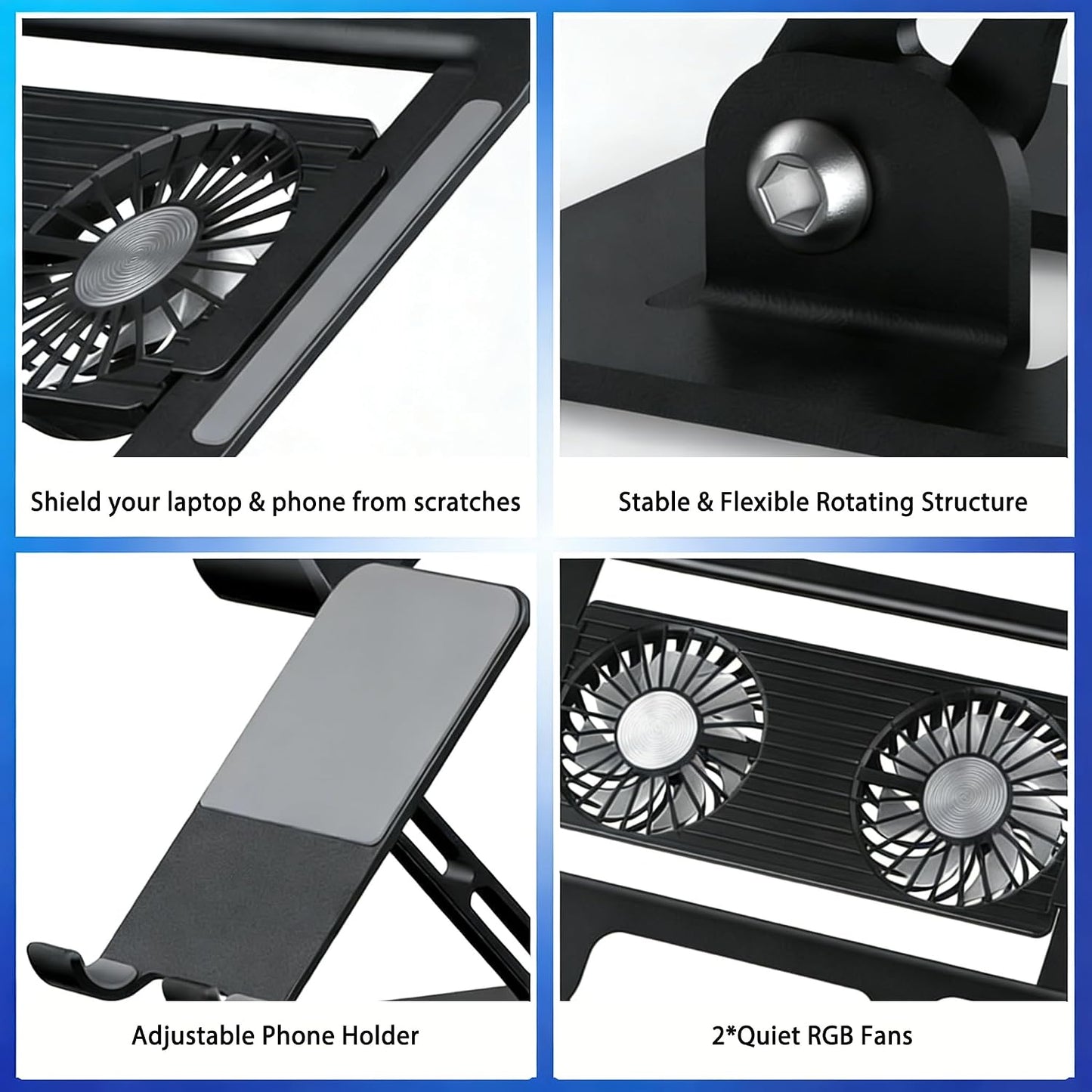 Laptop &amp; Phone 2-in-1 Cooling Stand with Silent Fan, Adjustable Height &amp; Angle, Carbon Steel Foldable Laptop Riser, Gaming Laptop Cooler Pad for Laptops Up to 18 Inch (Black)