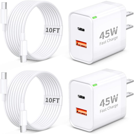 Pixel 10 9 8 7 6 Pro XL Charger Fast Charging, 2Pack 45W USB C GaN Charger | with 10FT Long Type C Cable, 2-Port USBC Super Fast Charging Block for Google Pixel Phone, for Home/Office/Travel, PPS/PD/QC