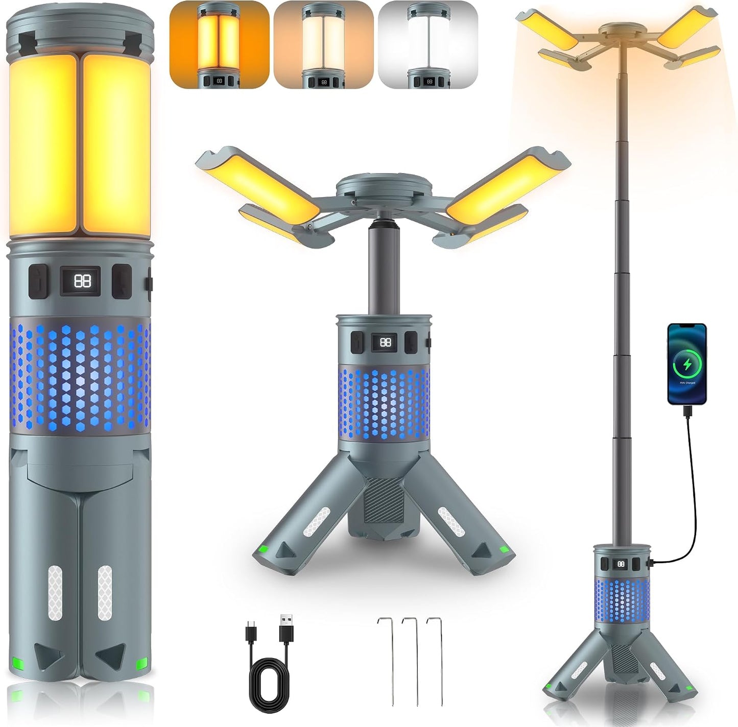 Camping Lights, Rechargeable Telescopic Camping Lights with Stand,12000mAh Camping Lanterns & Lights with RGB, Magnetic Base, Portable Flashlights for Camping, Hiking, Emergency