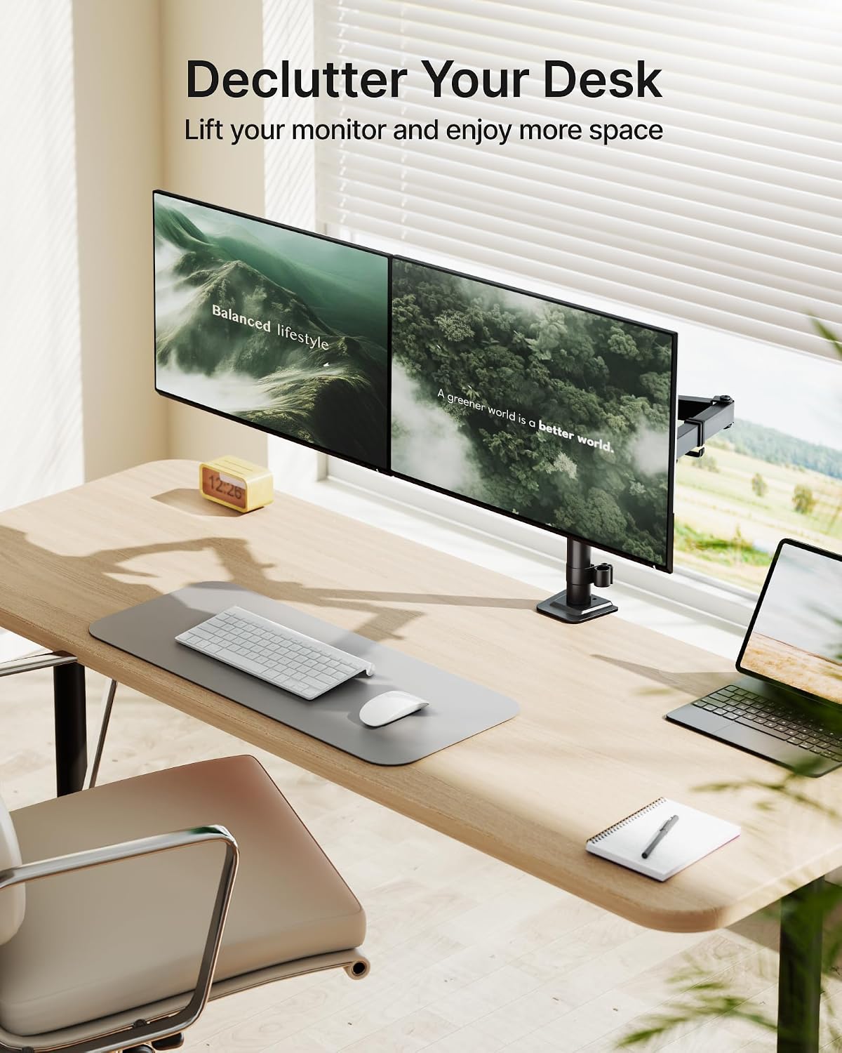 monTEK Heavy-Duty Dual Monitor Stand for 17-32", 22 lbs Each | Adjustable dual monitor mount, full-motion arms, clamp/grommet bases, cable management and VESA 75/100