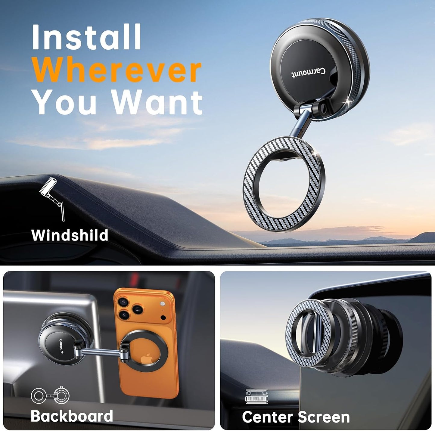 for Magsafe Car Mount carmount 2.0 Magnetic Phone Mount【Ultra-Stable Magnetic Hold】Vacuum Magnetic Phone Holder for Car Dashboard Windshield Phone Holders for Your Car for iPhone Samsung,Carbon Fiber