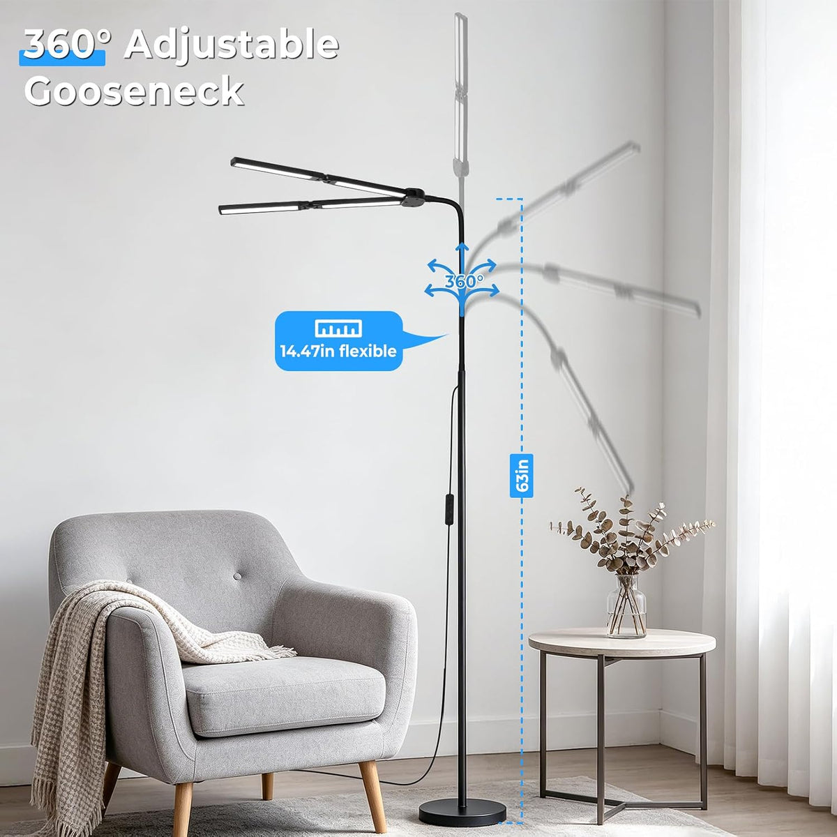 LED Floor Lamp with 4 Light Bars, 24W/3000LM Ultra Bright Wide Reading Lamp