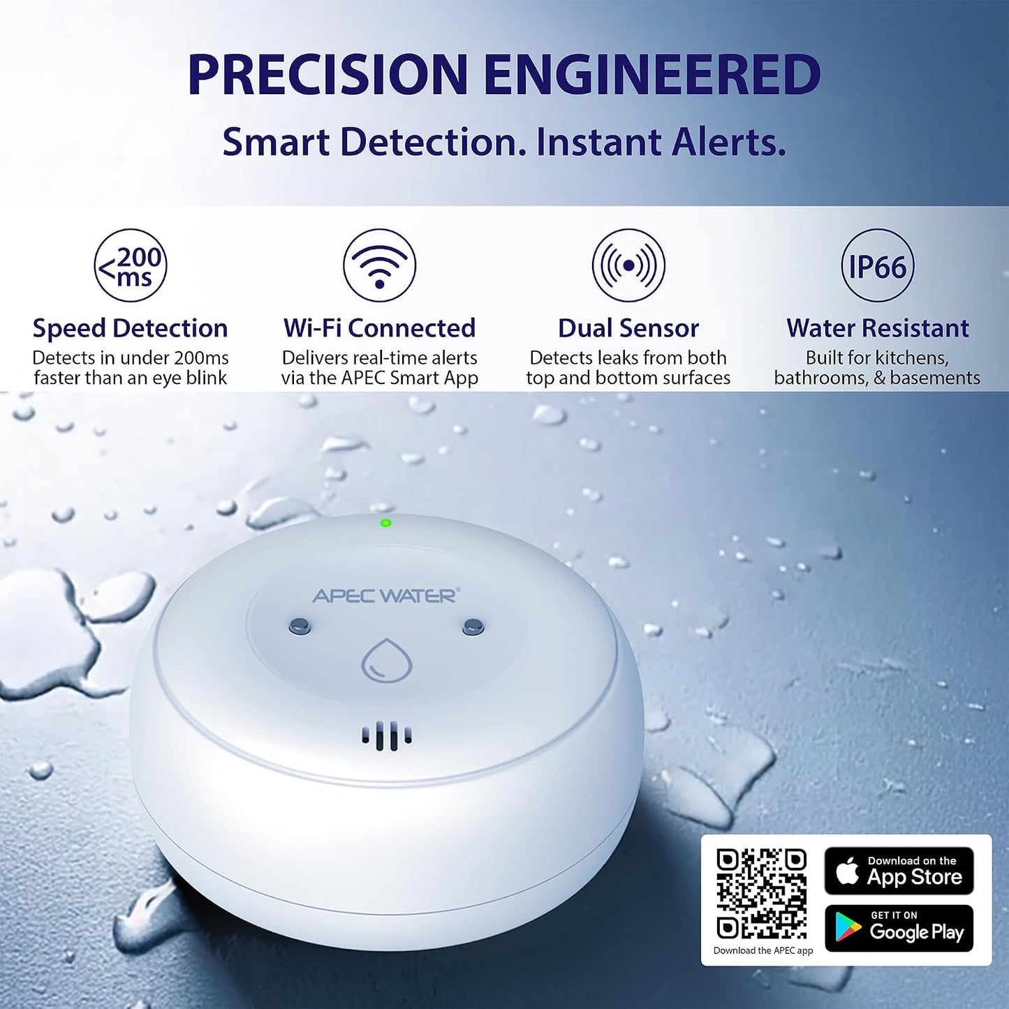 APEC Water WiFi Water Leak Detector, Dual Sensor, Pack of 1 | App Connected for Real-Time Alerts, Seamless Smartphone Integration, Trusted Reliability, White Color Housing
