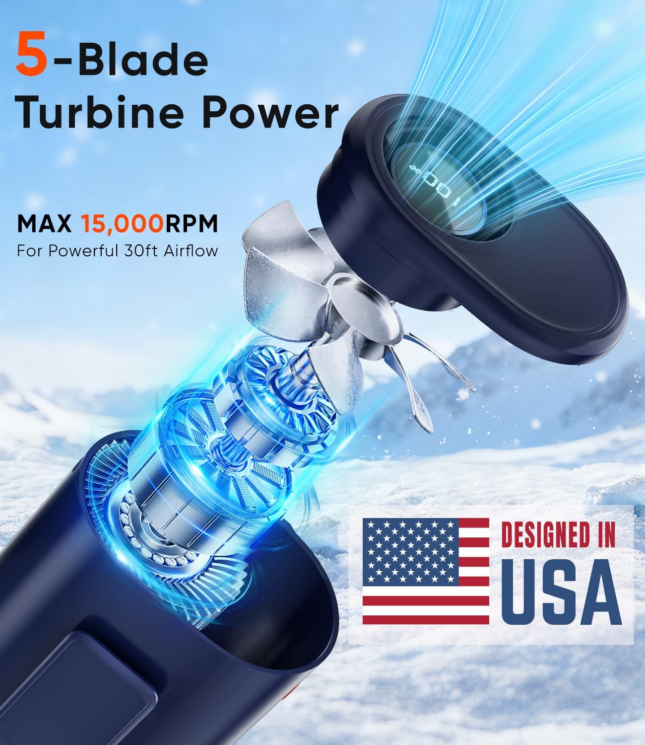 AI Portable Waist Fan, 6-Speed 15,000RPM Strong Turbo Airflow, 30H Cooling Battery Powered Personal Fan Rechargeable, Wearable Hands-Free Shirt/Belt/Body Fan for Travel, Work, Outdoor, Blue
