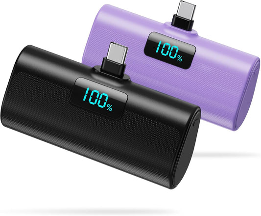 [2-Pack]Portable Charger for iPhone 17/16/15 Series,5200mAh PD USB C Power Bank Built-in USB-C Connector, Battery Pack Compatible with iPhone 17/17 Pro Max/16/15 Series,Galaxy,Android(Black+Purple)