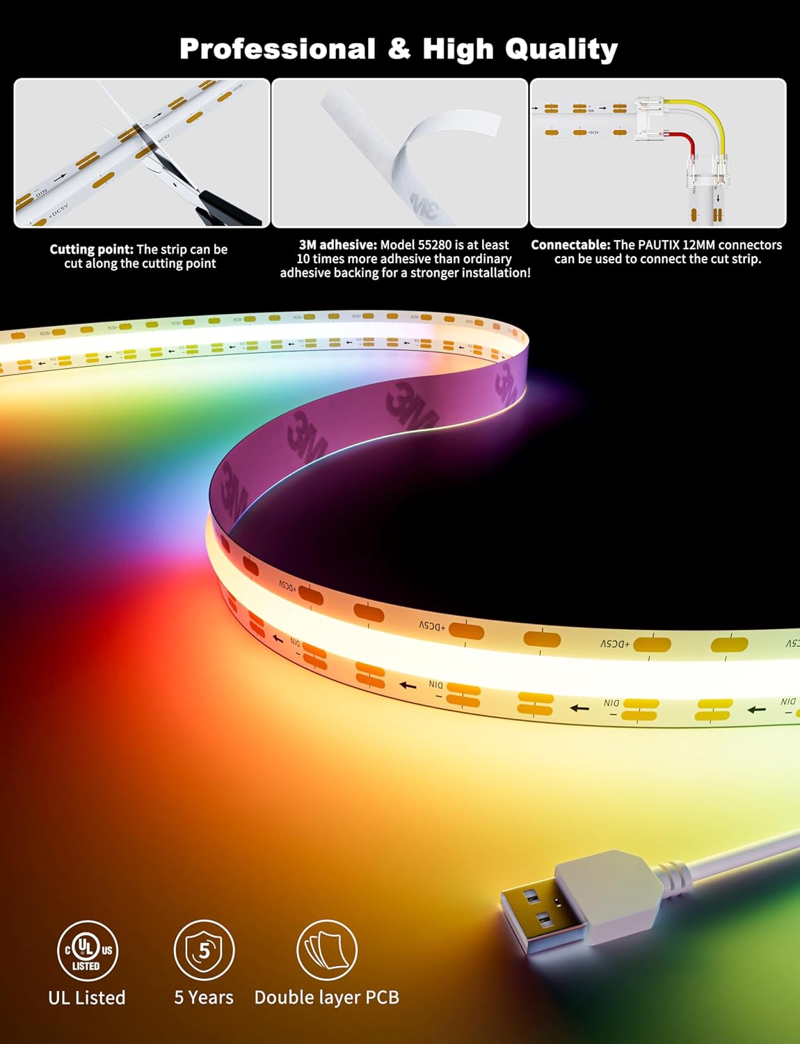 PAUTIX RGB Smart IC USB LED Light,5V RGB COB LED Strip USB Powered,UL-Listed Multicolor Flexible Tape Light 6.56ft/2m with Music Mode/APP Control,for TV,Scooter,Computer Desk Decor