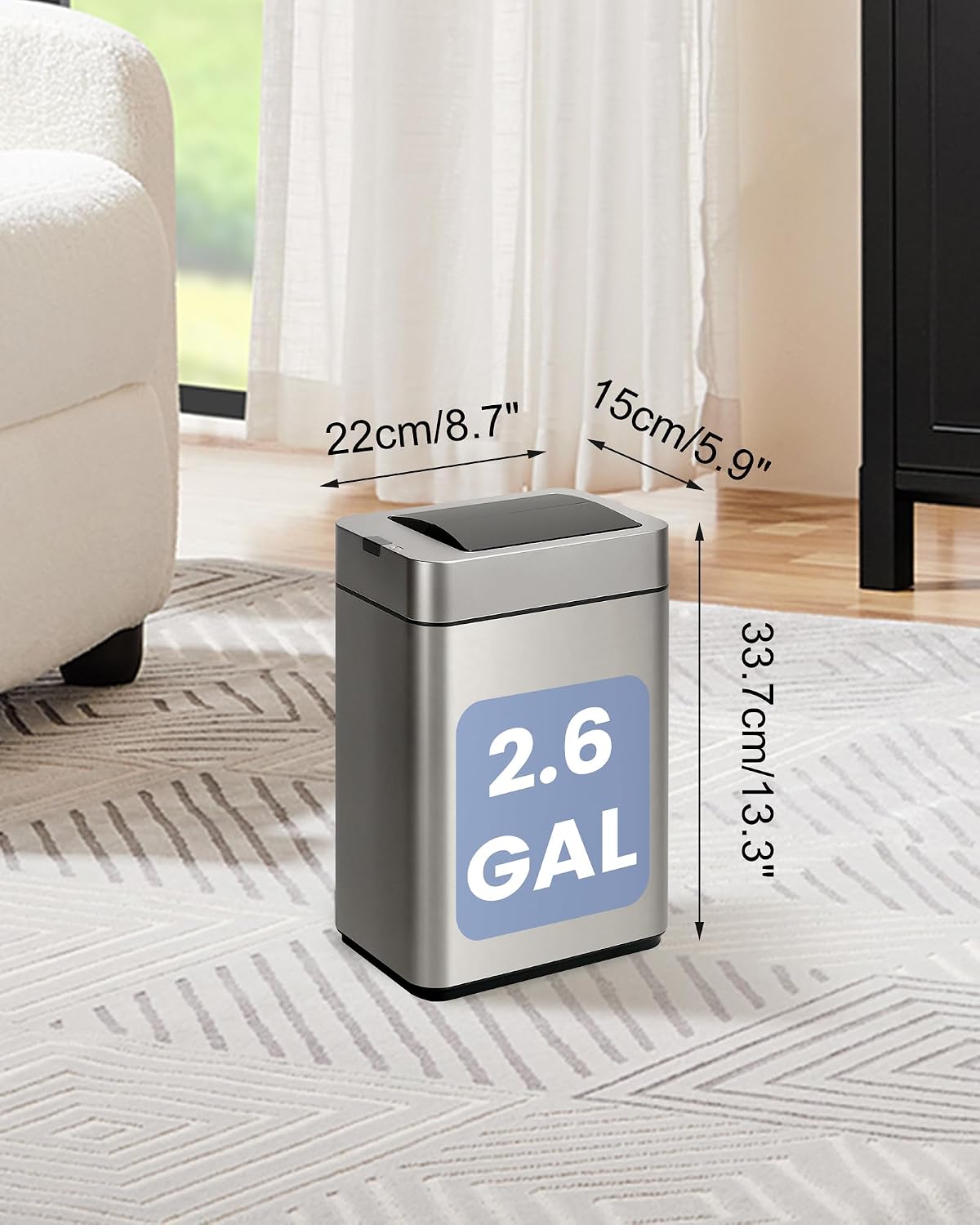ELPHECO Slim Bathroom Trash Can with Lid 2.6 Gallon Smart Trash Can Silver