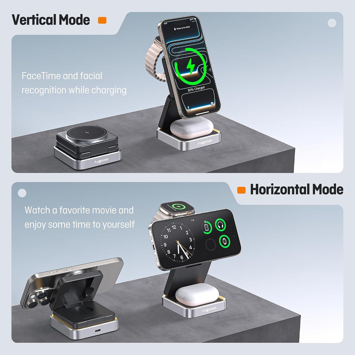 【2026 Upgraded】 Wireless Charger 3 in 1, Foldable Wireless Charging Station with Light for Apple Magnetic Charger, Travel Magnetic Charger Stand, Nightstand Fast 15W Charging Station (20W Adapter)