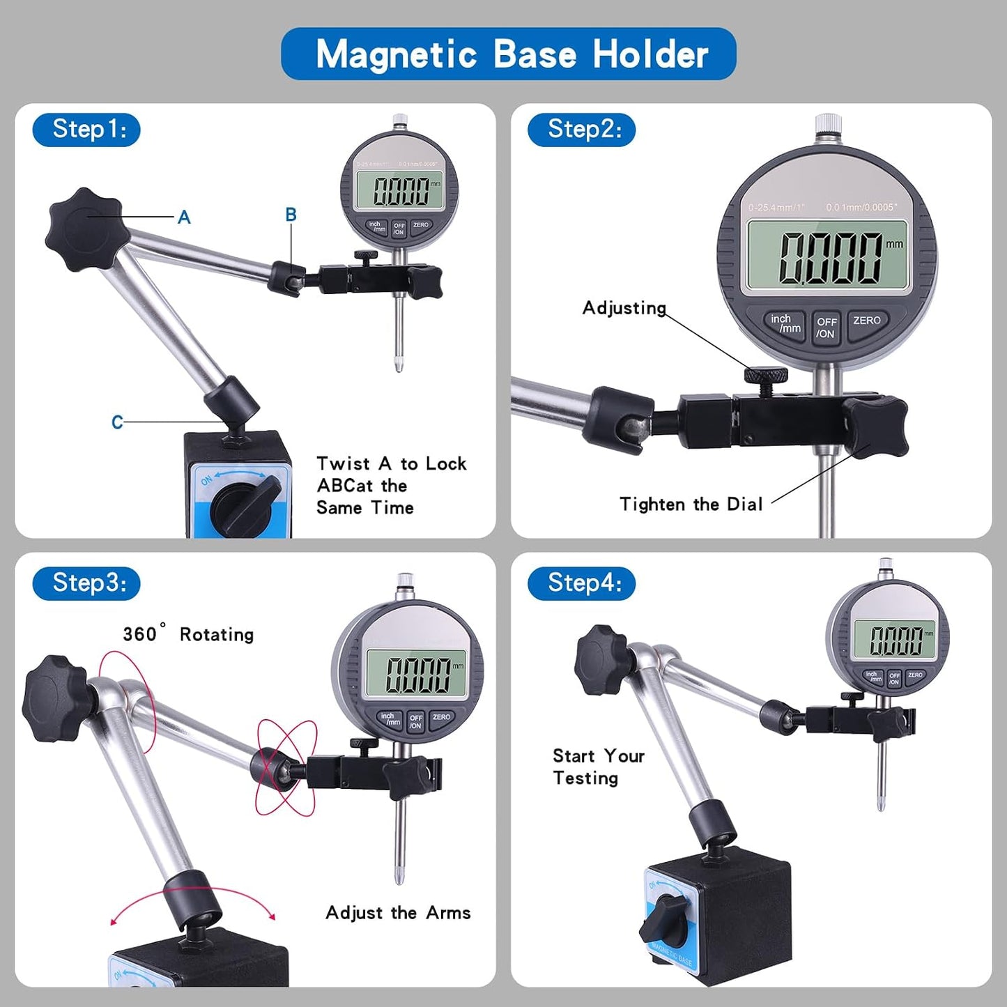 Electronic Digital Dial Indicator 0-1" / 25.4mm | with Magnetic Base Holder ,Fine Adjustable Long Arm ,Metric Conversion Professional Gauge 0.01mm/0.001"