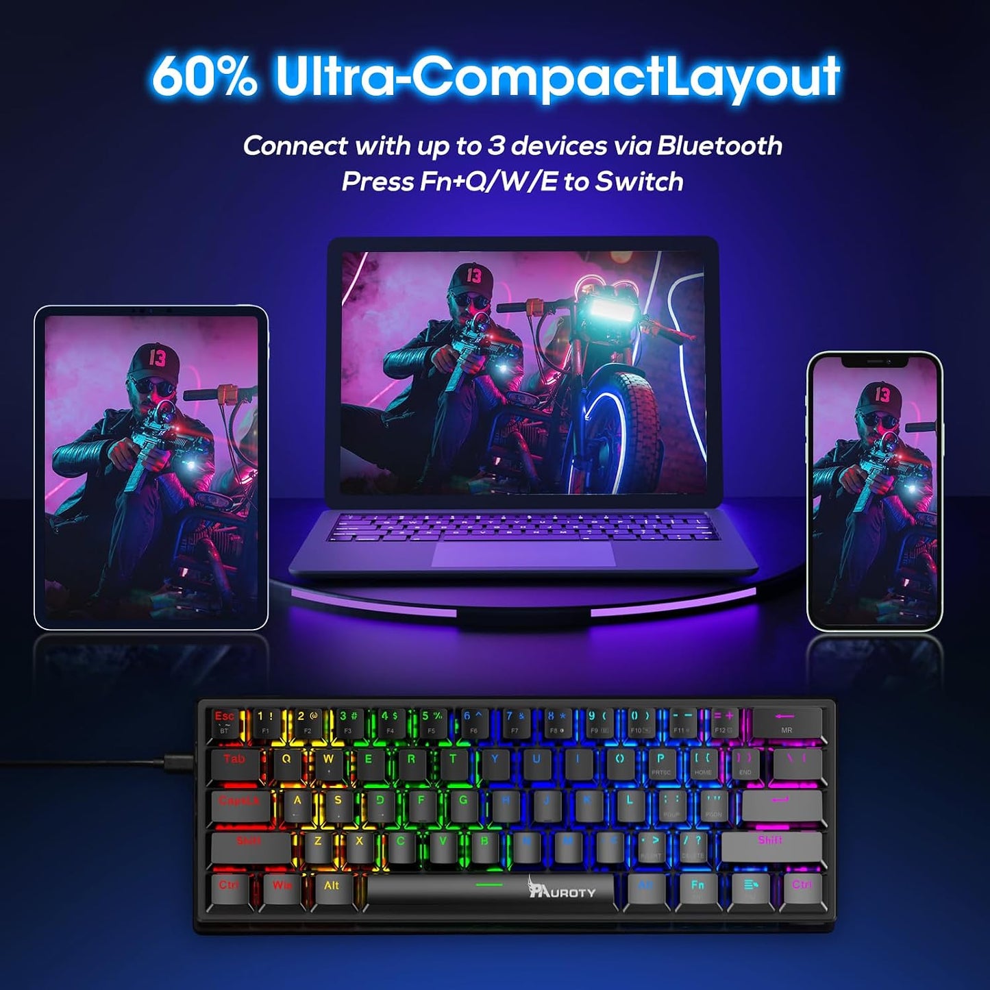 Pauroty 60% Wireless Mechanical Keyboard, Triple Mode 2.4G/USB-C/Bluetooth Gaming Keyboard, RGB Backlit, Clicky Blue Switch, 61 Keys Rechargeable Mini Wireless Keyboard for iPad Mac PC Xbox
