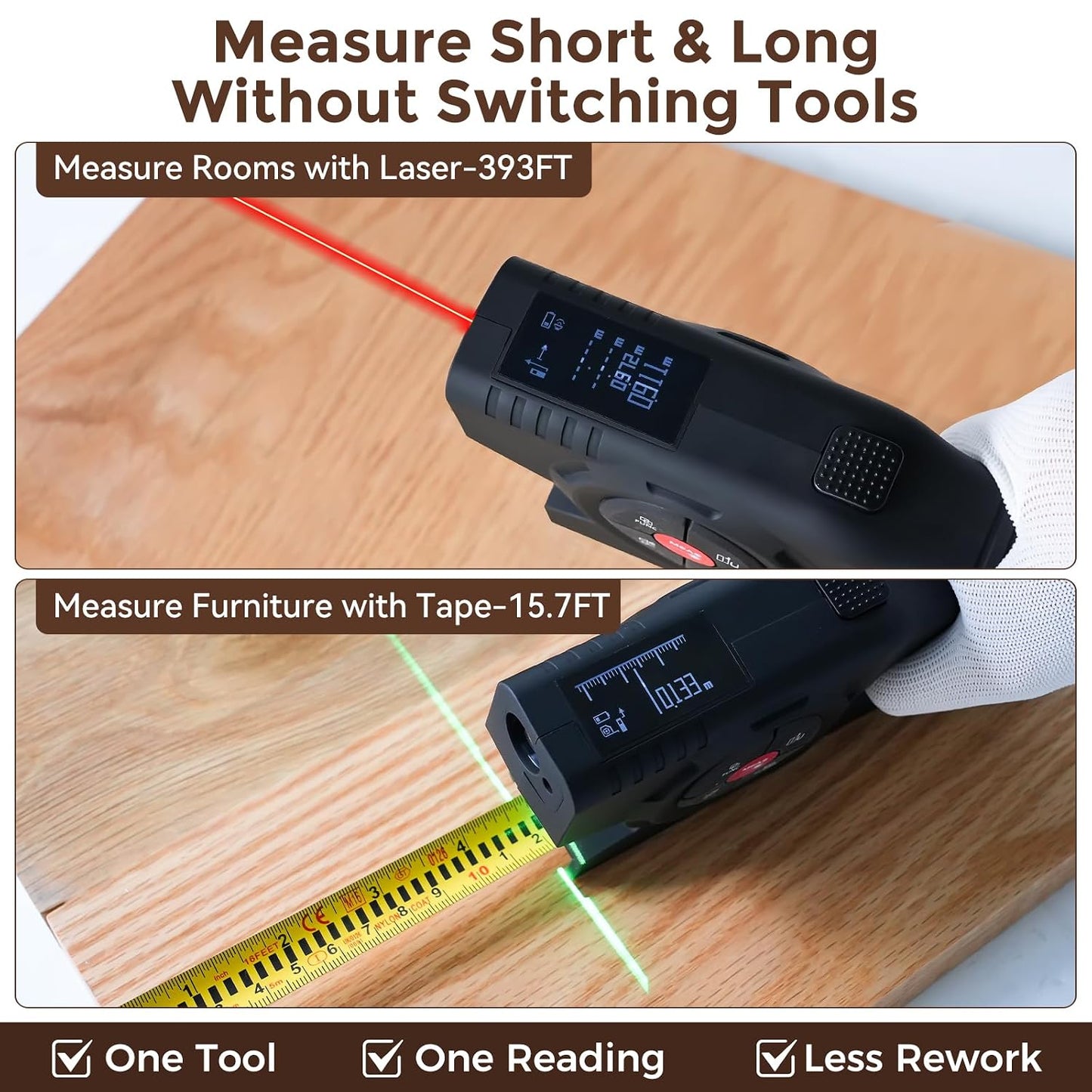 393Ft Digital Tape Measure 3-in-1 Laser Tape Measure & 16ft Tape | Area/Volume/Pythagorean Calculation, OLED Display, Type-C Recharge, M/in/Ft Unit Switch, for Room Measurement & DIY Projects