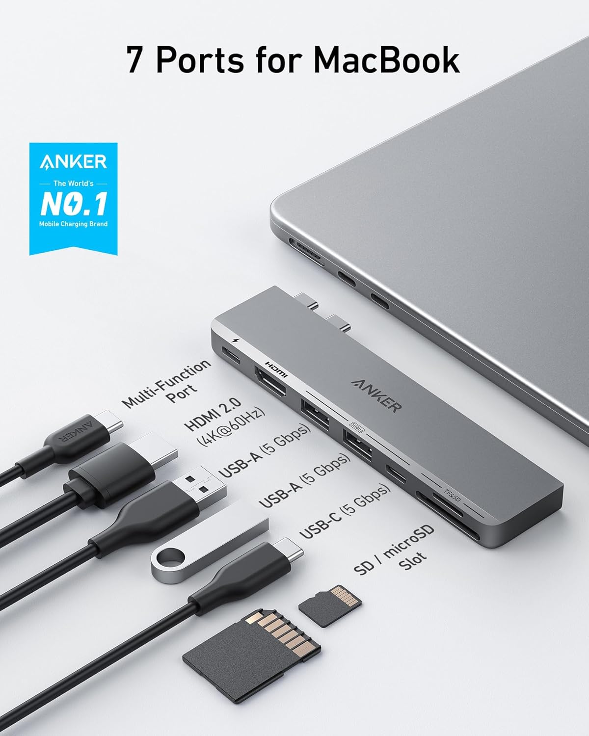 Anker USB-C Hub for MacBook, 7-in-2 Mac Dock with 4K@60Hz HDMI | Thunderbolt 4 Compatible, USB-C and 2 USB-A 5Gbps Data Ports, for MacBook Pro, MacBook Air M4/M5 and More (Not Work with Neo)
