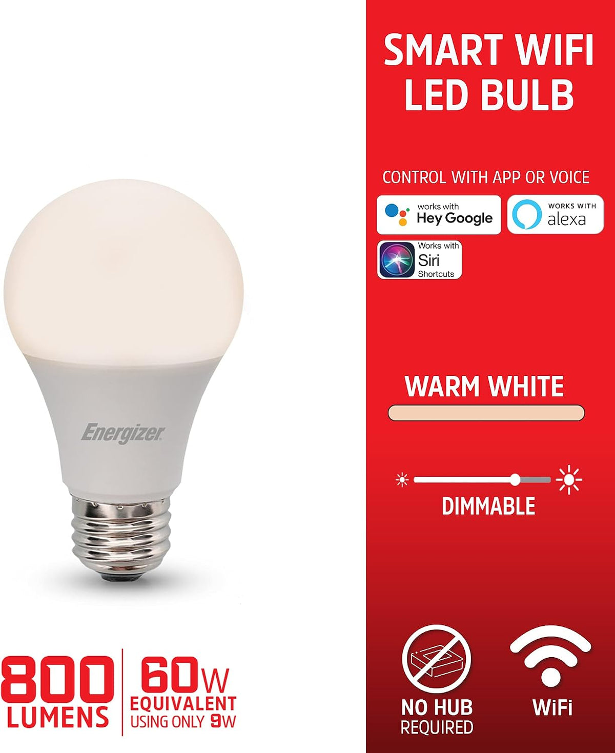 XTREME Energizer Smart Wi-Fi LED Light Bulb, Warm White, 60W, 800 Lumens, Compatible with Alexa, Google Assistant and Siri, Control from Anywhere with App, Custom Schedules, 2-Pack