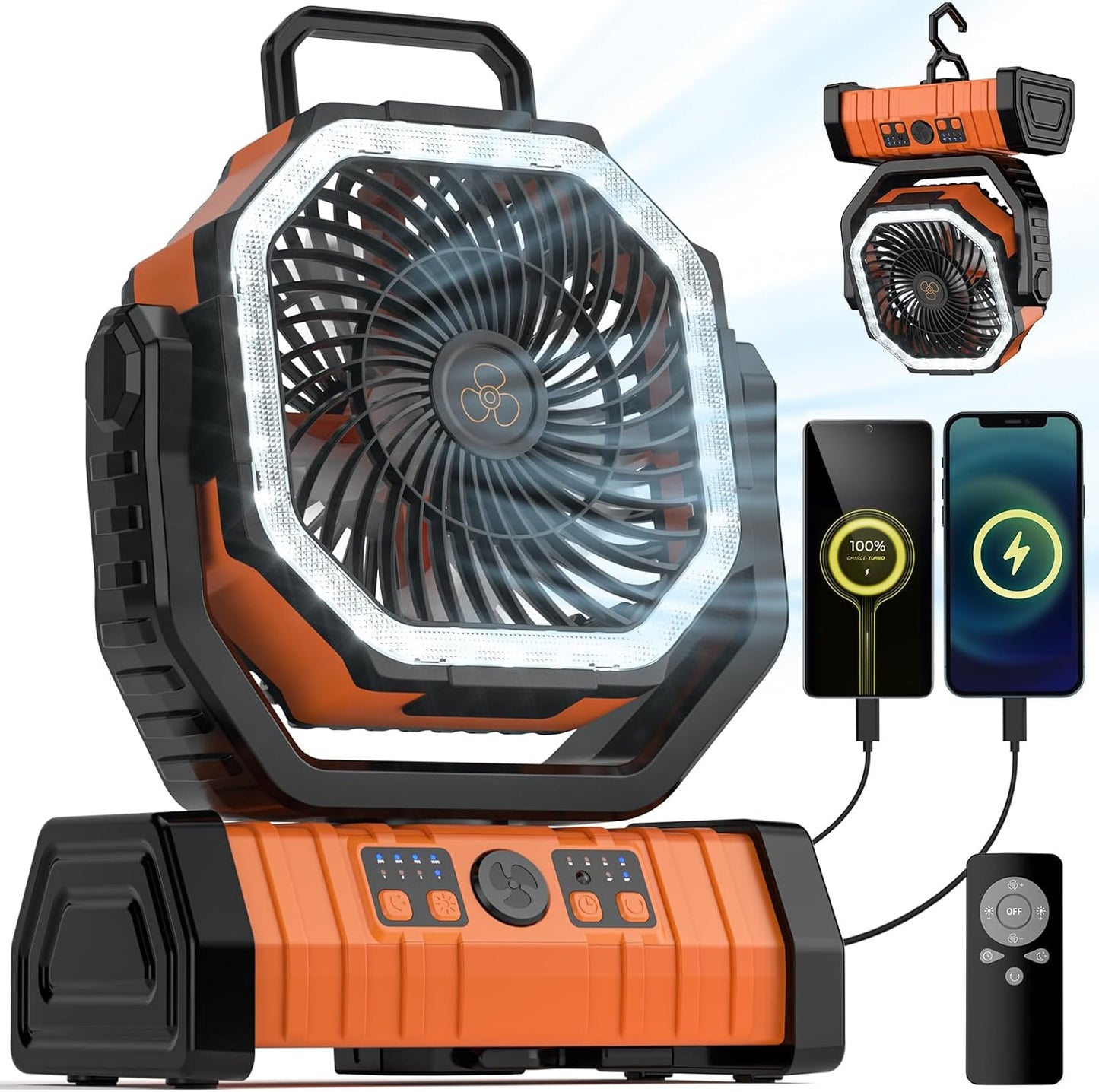 Camping Fan - 20000mAh Battery Powered Fan Rechargeable with LED Lantern - Portable Outdoor Tent Fans with Hanging Hook 4 Speeds Wind Remote Control, Green