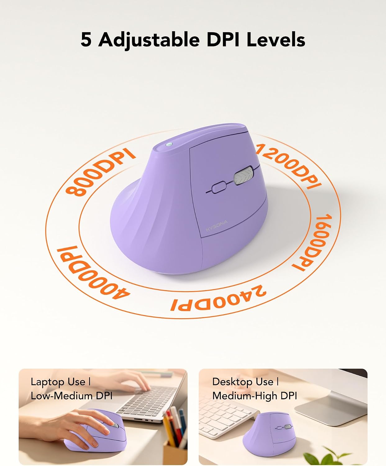 KYSONA Ergonomic Mouse Wireless, Bluetooth Vertical Mouse, 5-Level Adjustable DPI, 2.4G Silent Switch Mice for Windows, MacOS, IPadOS, Laptop, PC, Purple