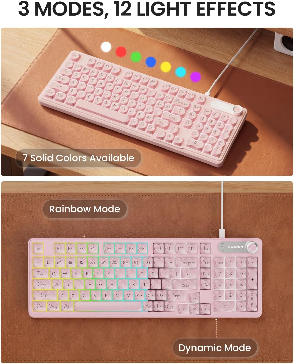 EWEADN V102 Wired Keyboard, 98 Keys Creamy Gaming Keyboard with Number Pad, Display Screen & Media Knob RGB Silent Wired Cute Computer Keyboard for Laptop PC Gamer - Pink