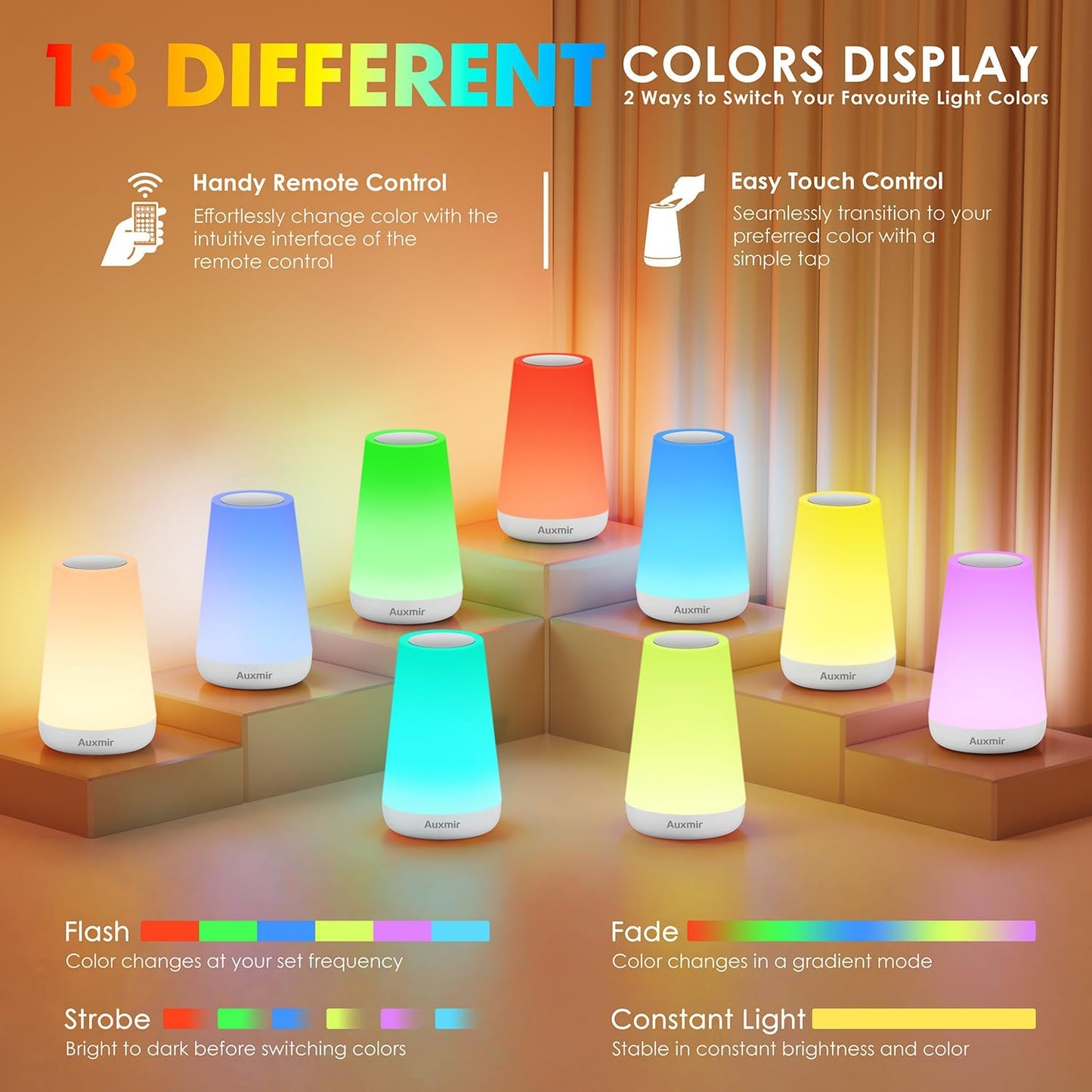 Auxmir Rechargeable Night Light, 13-Color Remote Control Lamp, White | touch control, 13 colors, 5 brightness levels, 4 lighting modes, 1/2/4/6-hour auto-off, portable for nursery and camping