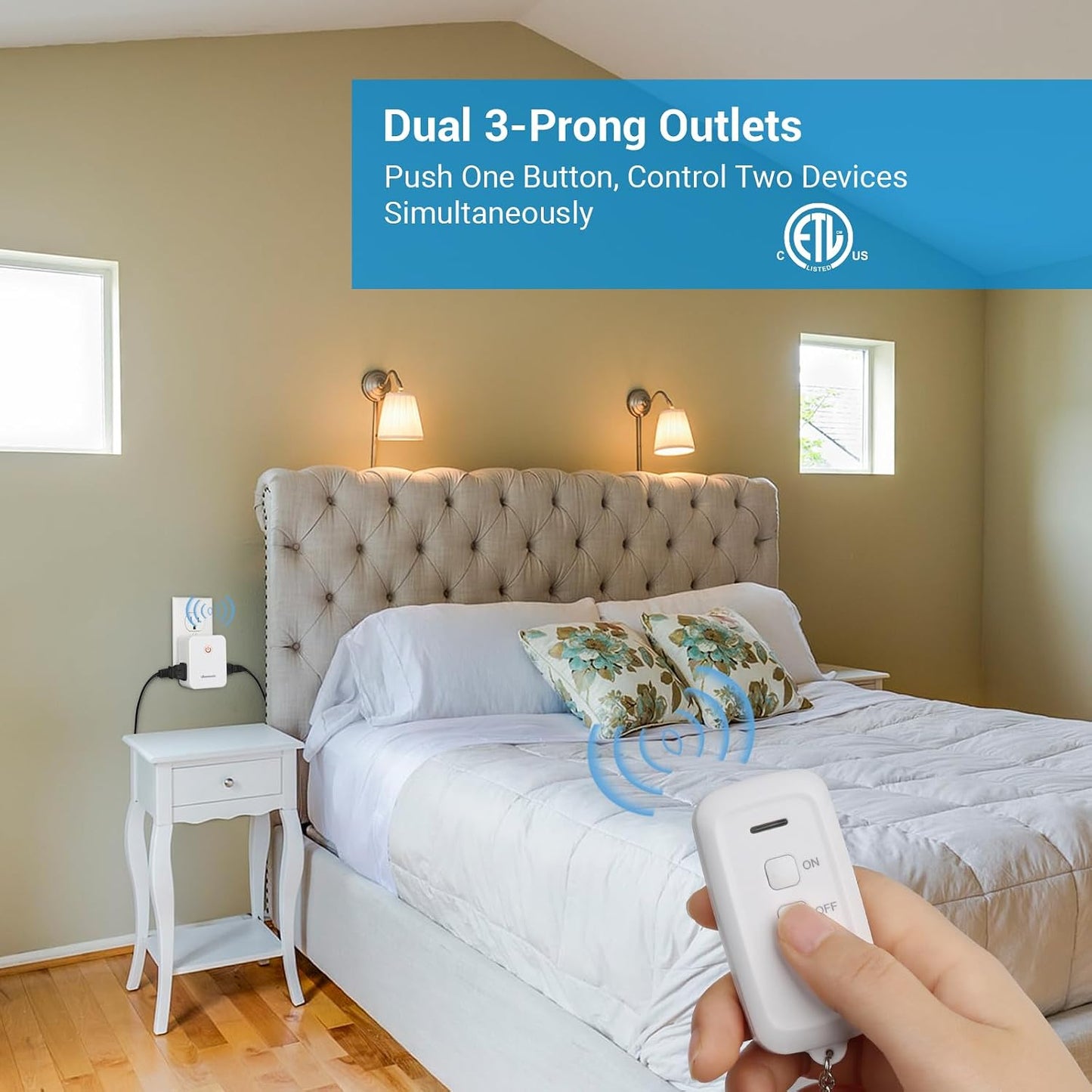 DEWENWILS 2 Side Outlets Remote Control Outlet with 2 Remotes, No Interference Wireless Remote Outlet Light Switch with 2 Outlets, 15A/1875W, 100ft RF Range, Programmable