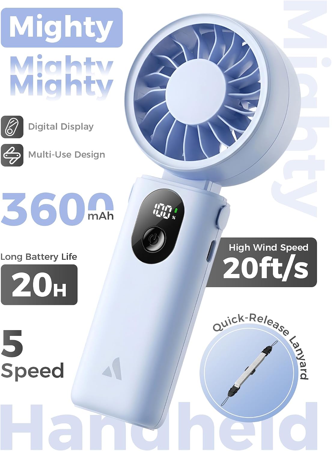 Aecooly Mighty Portable Handheld Fan | 20H Max Cooling | 3 Flexible Modes | 5 Speeds Wind | Battery Level Display | USB Rechargeable Mini Personal Battery Powered, Gifts for Women, Travel -Blue