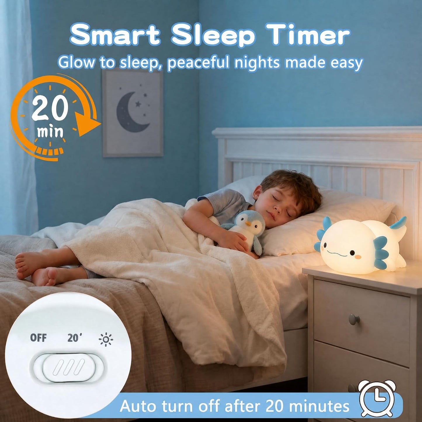 Blue Axolotl Night Light for Kids, Squishy Silicone Nursery Lamp | Touch Control, 24-Hour Battery, 20-Min Timer, 3000K Warm LED, BPA-Free Silicone, Baby Nursery Decor, Gift for Kids