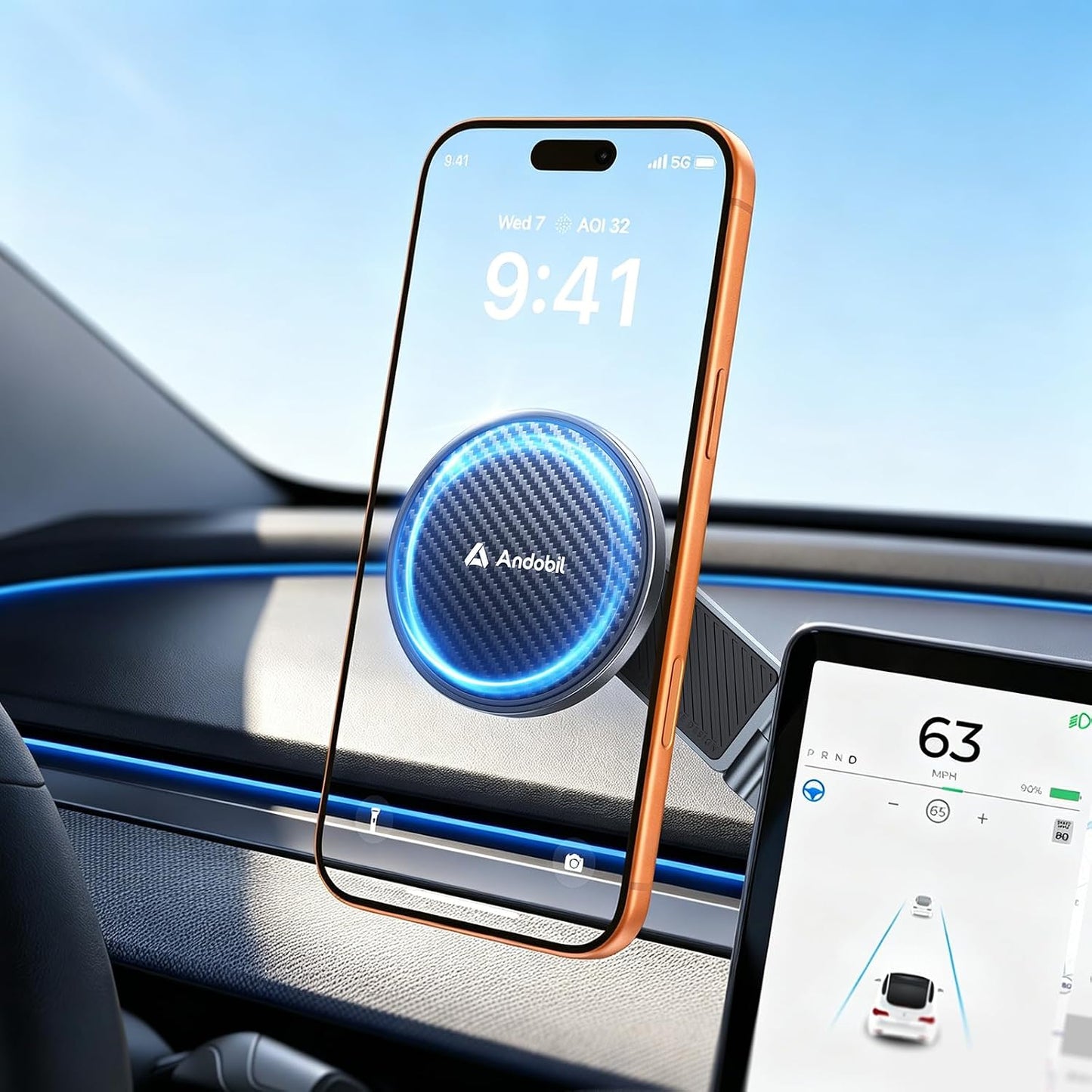 andobil Upgrade Tesla Phone Mount [Strong Magnet & Foldable] MagSafe Car Mount for Tesla New Model Y Juniper Model 3, 360° Adjustable Tesla Phone Holder fits iPhone 17 16 15 Pro Max, Tesla Accessories
