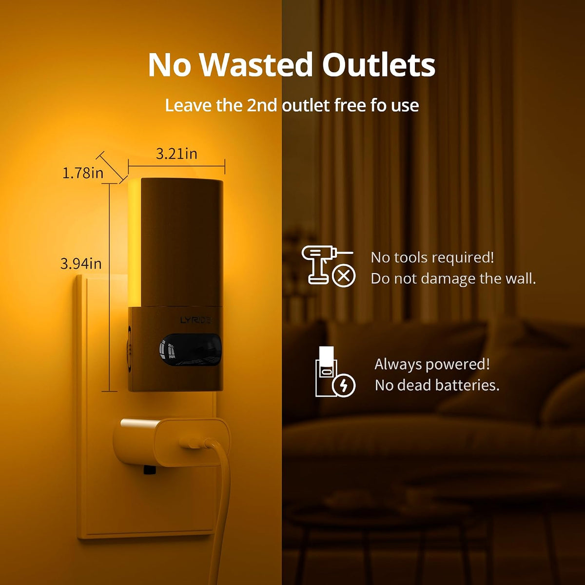 Lyridz Plug-in LED Amber Night Light with Motion Sensor, Rotatable, Dimmable Backlit Nightlight, 1-150lm Adjustable Brightness for Bathroom, Bedroom, Hallway, Stairs, 2 Pack
