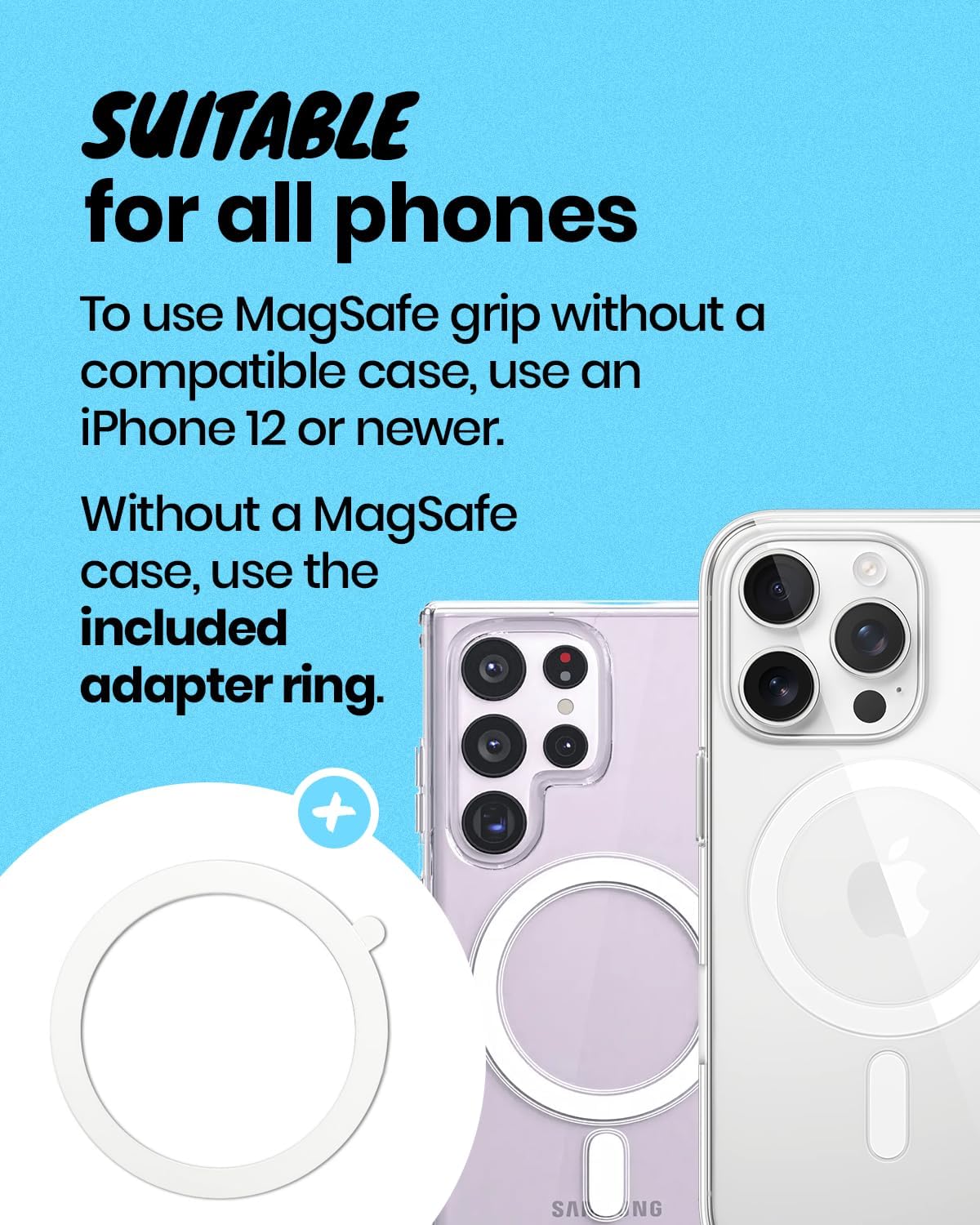 On The Grip Magnetic Phone Grip for MagSafe, Genuine Natural Seashell Stone, Swappable Top, Strong Magnet Holder & Kickstand for iPhone 15 14 13 12 Pro Max Plus & MagSafe Cases (Black Fresh Water)
