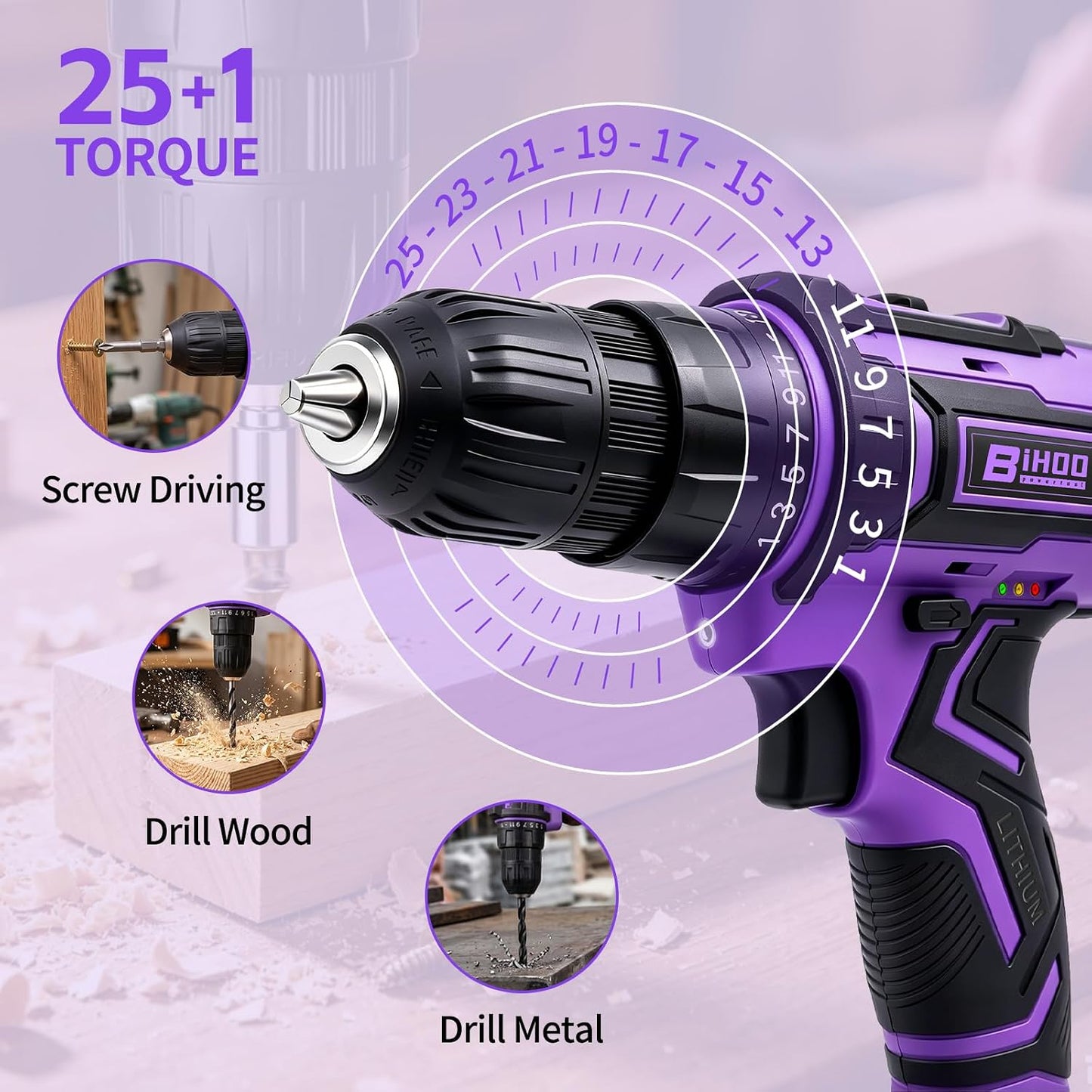 20V Cordless Drill with Battery and Charger, 3/8'' chuck, Purple | 25+1 torque settings, 25Nm max, 2-speed 1600RPM electric screwdriver, 3/8 inch keyless chuck, LED light, 2000mAh Li-ion power