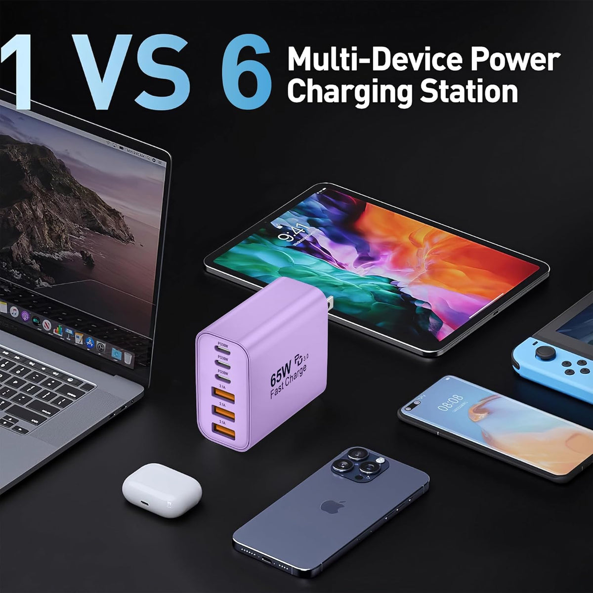 65W USB C Charger Block,6-Port Multi Device Fast Charger PD QC Wall Adapter | GaN technology saves space and reduces heat,ideal for home,office,travel,wide compatibility for iphone & USBC devices（Purple