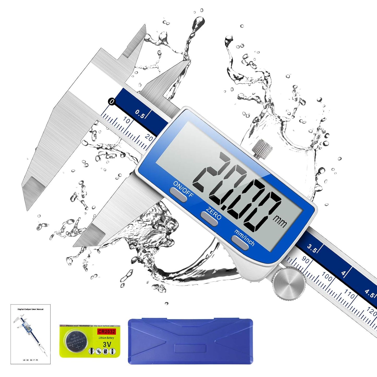 Caliper Measuring Tool, Qfun Vernier Digital Caliper Stainless Steel 6 Inch/150mm, Digital Micrometer Waterproof, Easy Switch from Inch to Millimeter, Large LCD Screen