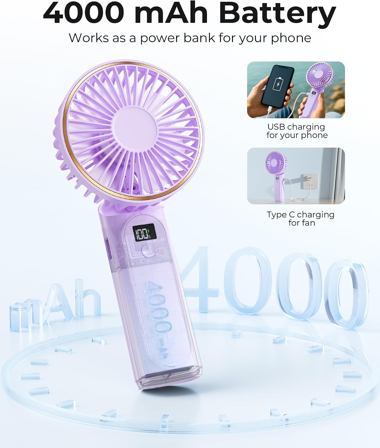 TUNISE Portable Handheld Fan, 4000mAh, 180 Adjustable, 6 Speed Wind, USB Rechargeable Foldable Fan with Real-Time Electricity Display