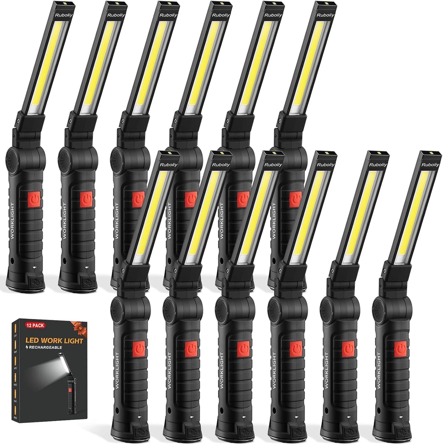 6Pack Magnetic Rechargeable LED Work Light/Flashlight for Mechanics | 360° Rotation, Super Bright, 5 Modes, Compact, Tail Hook, for Car Repairing, Garage, Emergency, Workshop, Gifts for Father