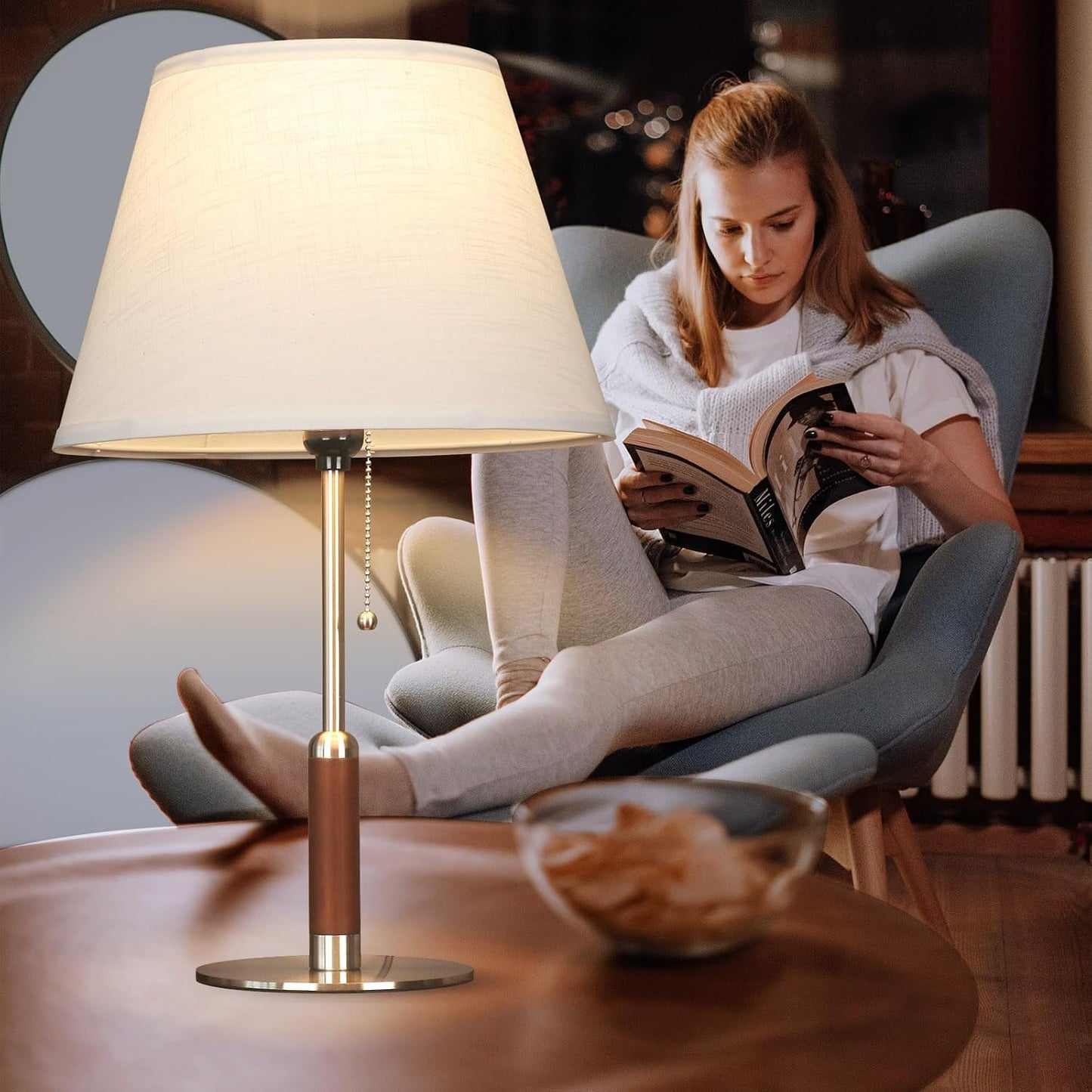 21" Modern Bedside Lamp Mid Century Table Lamp, Pull Chain Nightstand Lamp for Bedroom Living Room 3-Color Light, Solid Wood/Metal/Fabric for Home/Office/Desk Decor(Off White+Brushed Nickel)