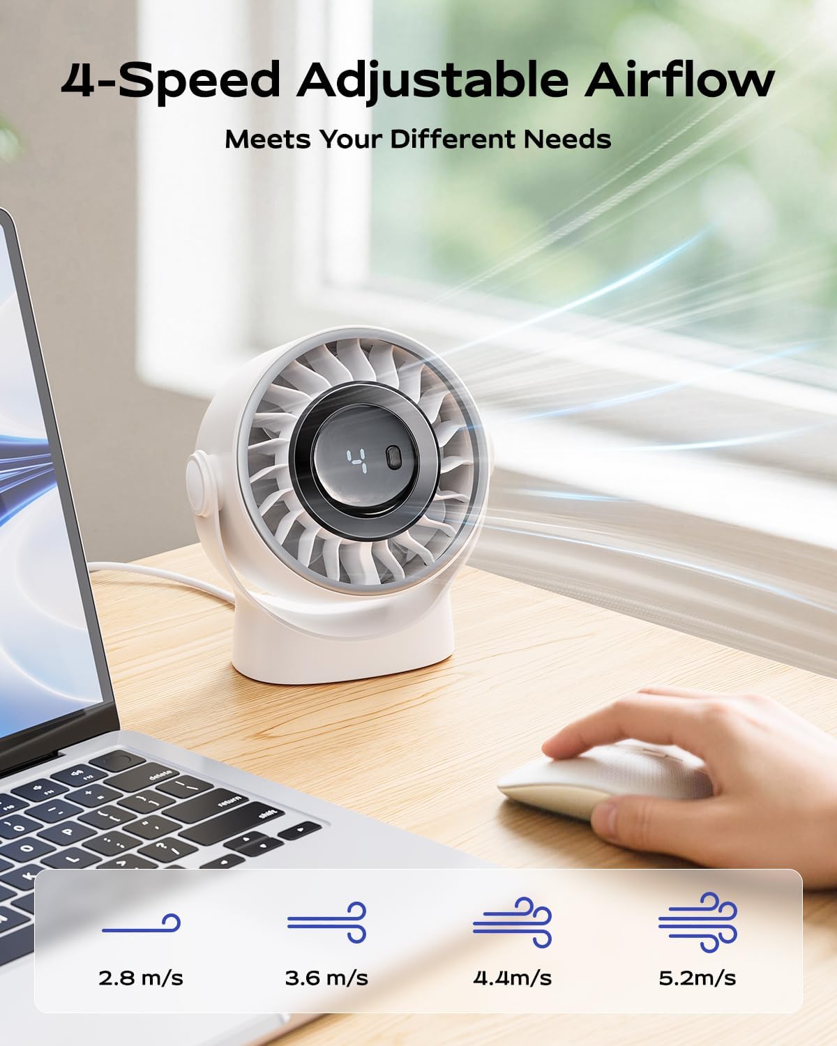 SWEETFULL USB Small Desk Fan - 5 Inch Mini Personal Desktop Fan | 4 Speeds Cooling Strong Airflow, 360° Adjustable Tilt, Quiet Portable Table Fans for Bedroom, Office, Travel & Cruise, Black